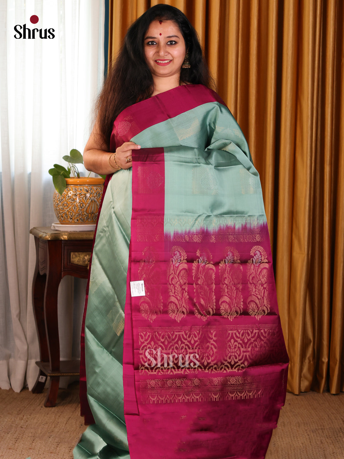 Pastel Green Softsilk-halfpure Saree with zari block motifs & floral elegant pallu - Shop on Shrus.com
