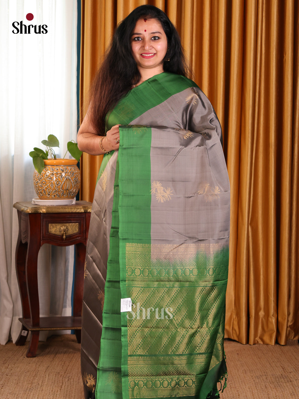 Lustrous Grey Softsilk-halfpure Saree with gold zari floral motifs & Diagonal striped pallu - Shop on Shrus.com