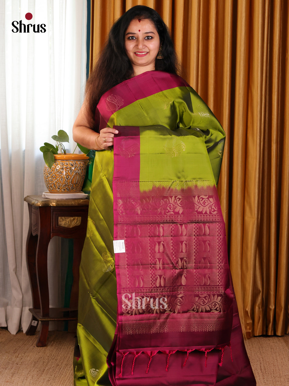 Subtle Green Softsilk-halfpure Saree with floral elegance & gold zari paisleys brocade pallu - Shop on Shrus.com
