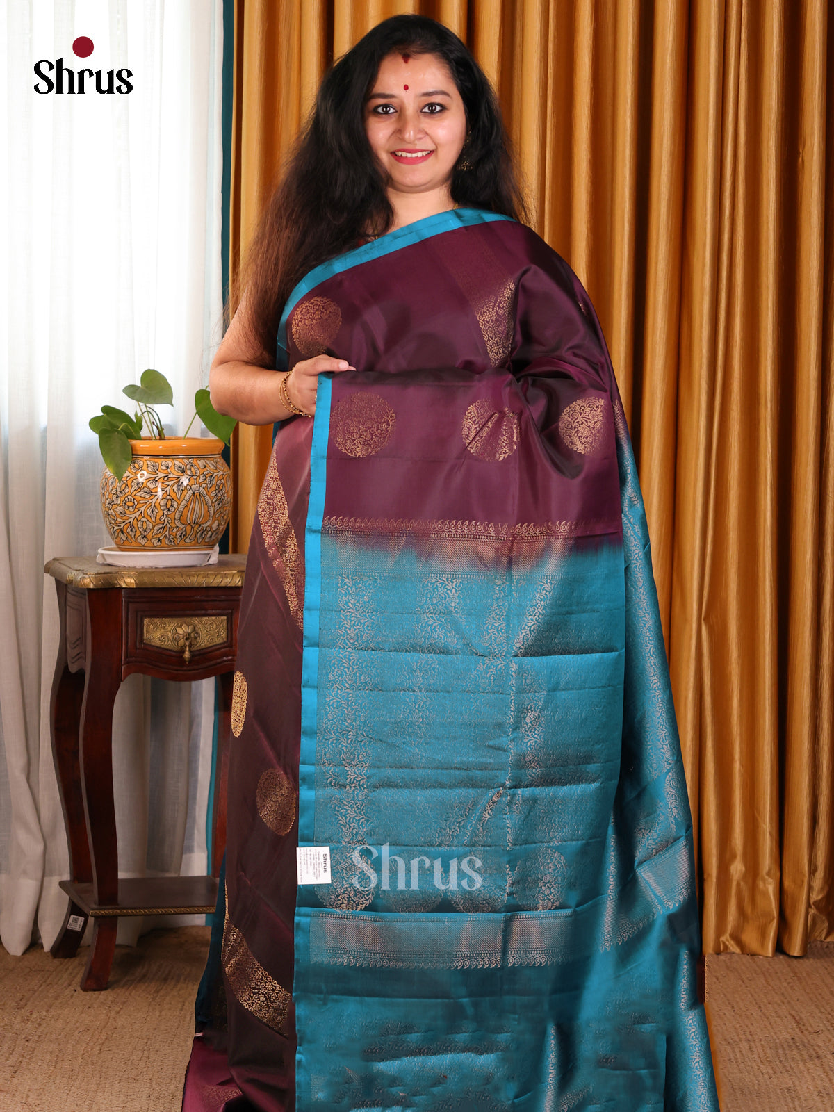 Rustic Brown Softsilk-halfpure Saree with golden motifs & blue brocade pallu - Shop on Shrus.com