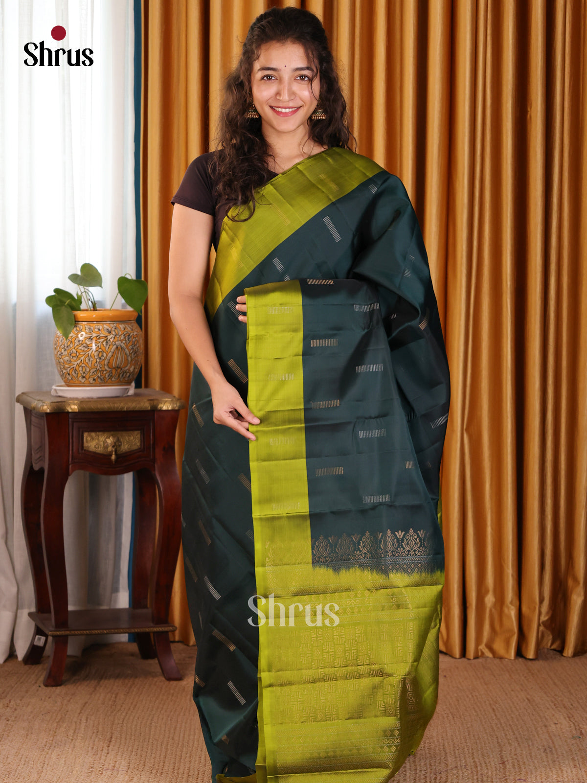 Enchanted Dark Green Softsilk-halfpure Saree with gold, silver zari buttas & plain Border - Shop on Shrus.com