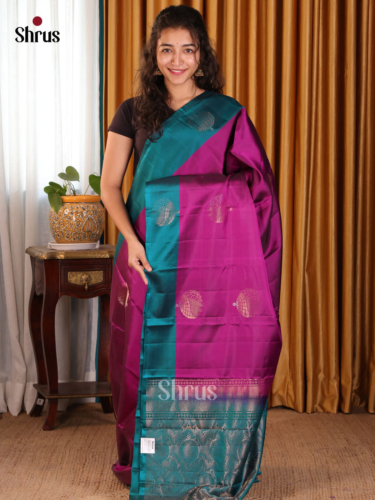 Luxurious Purple Softsilk-halfpure Saree with golden motifs & brocade pallu - Shop on Shrus.com