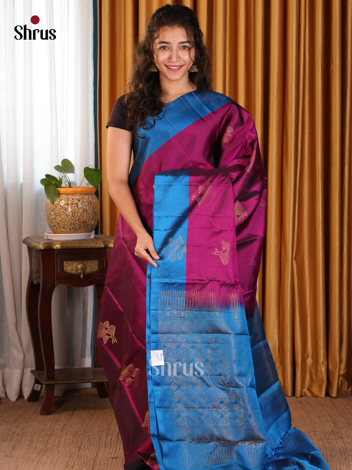 Regal maroon Softsilk-halfpure Saree golden floral motifs & blue floral brocade pallu - Shop on Shrus.com