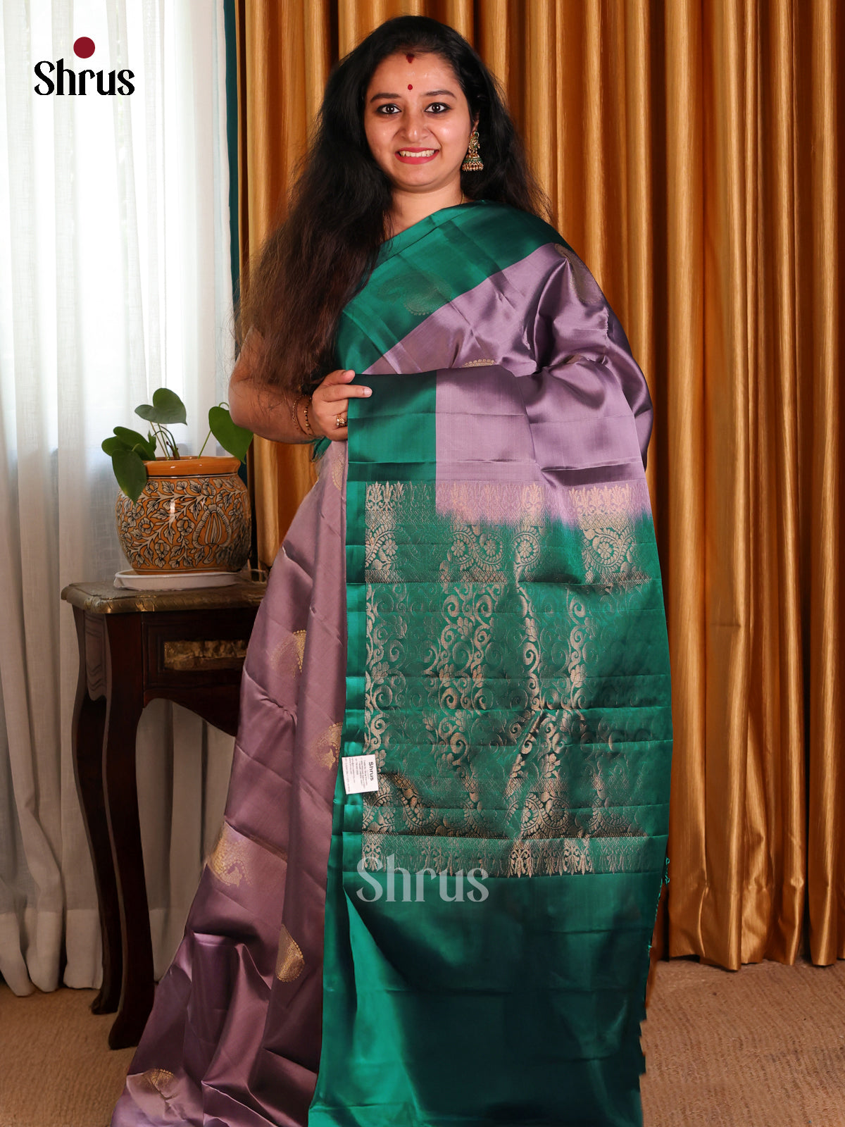 Charming Lavender & Green Softsilk-halfpure Saree with paisleys motifs & floral brocade pallu - Shop on Shrus.com