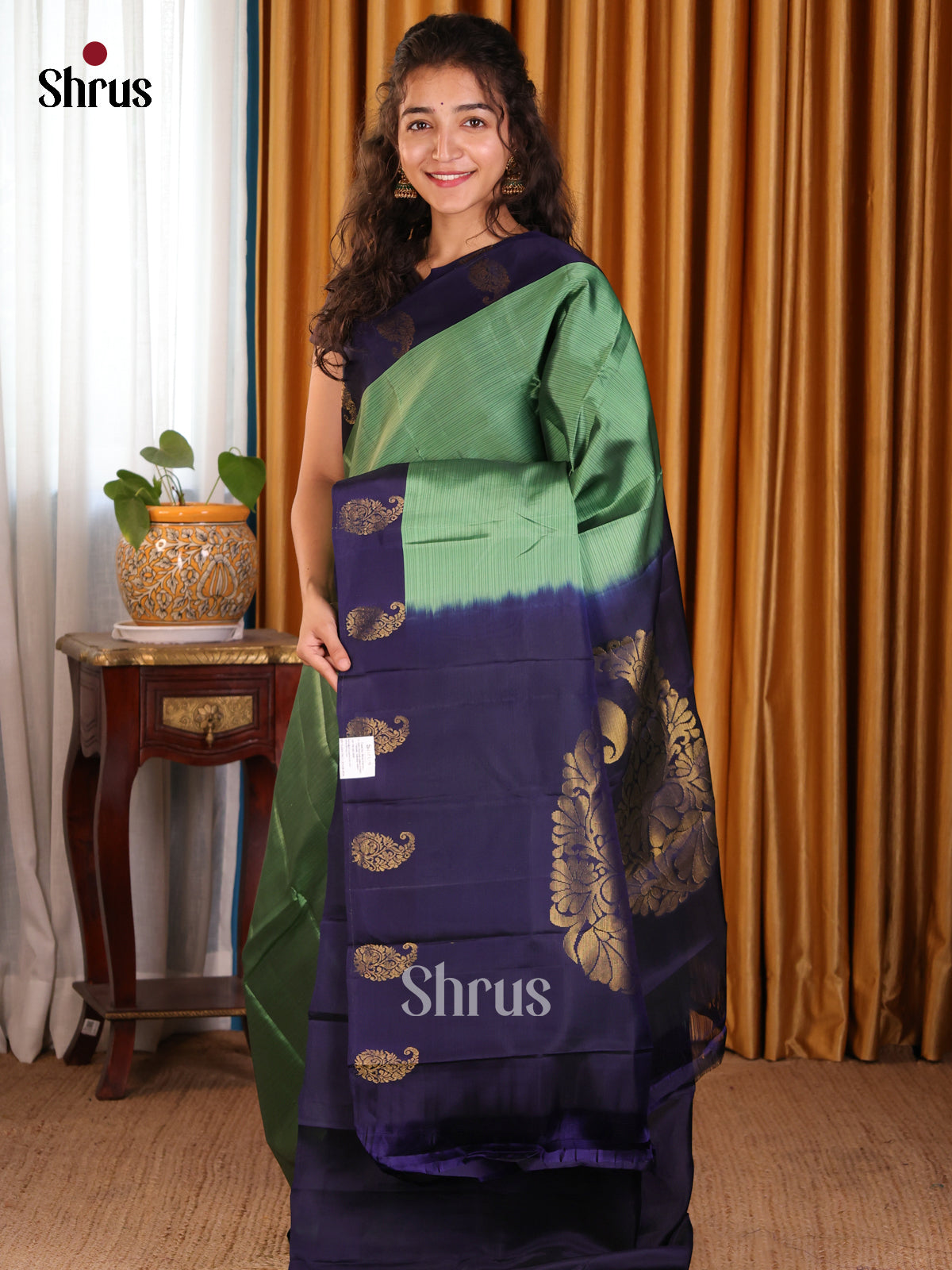 Pretty Green Softsilk-halfpure Saree with stripes Pattern & blue paisley motifs border - Shop on Shrus.com