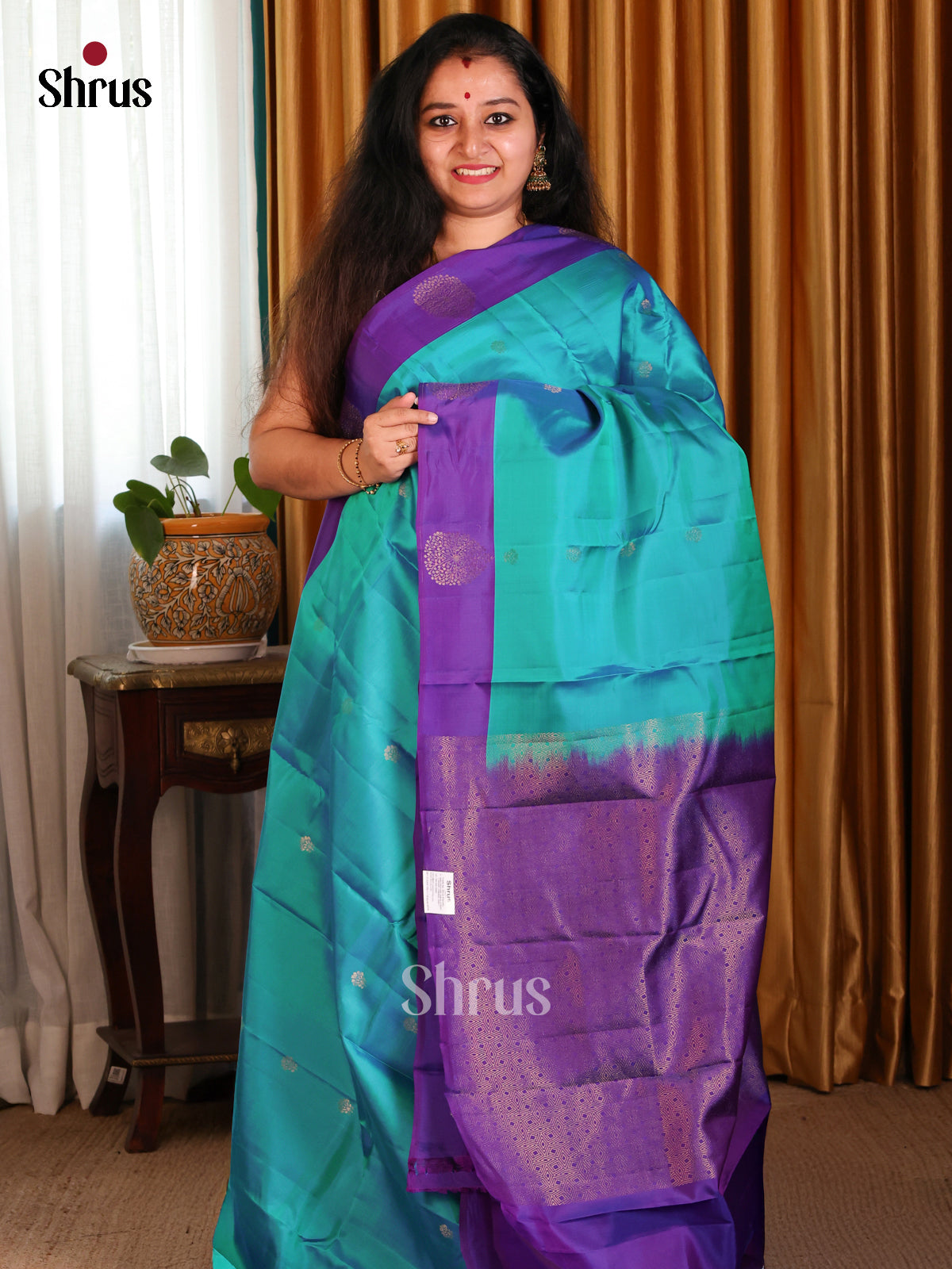 Royal Rama blue Softsilk-halfpure Saree with gold zari floral buttas & floral brocade pallu - Shop on Shrus.com
