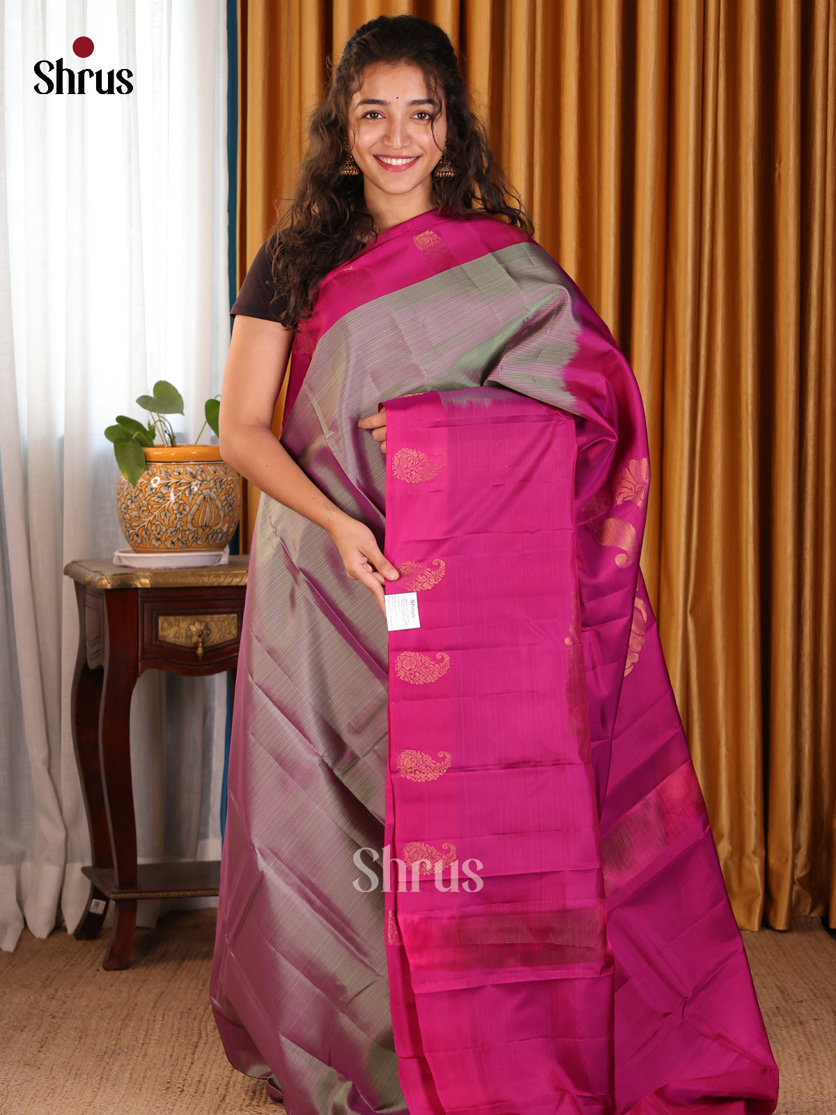 Classic Double Shaded Greyish green Softsilk-halfpure Saree with stripes & Contrast Border - Shop on Shrus.com