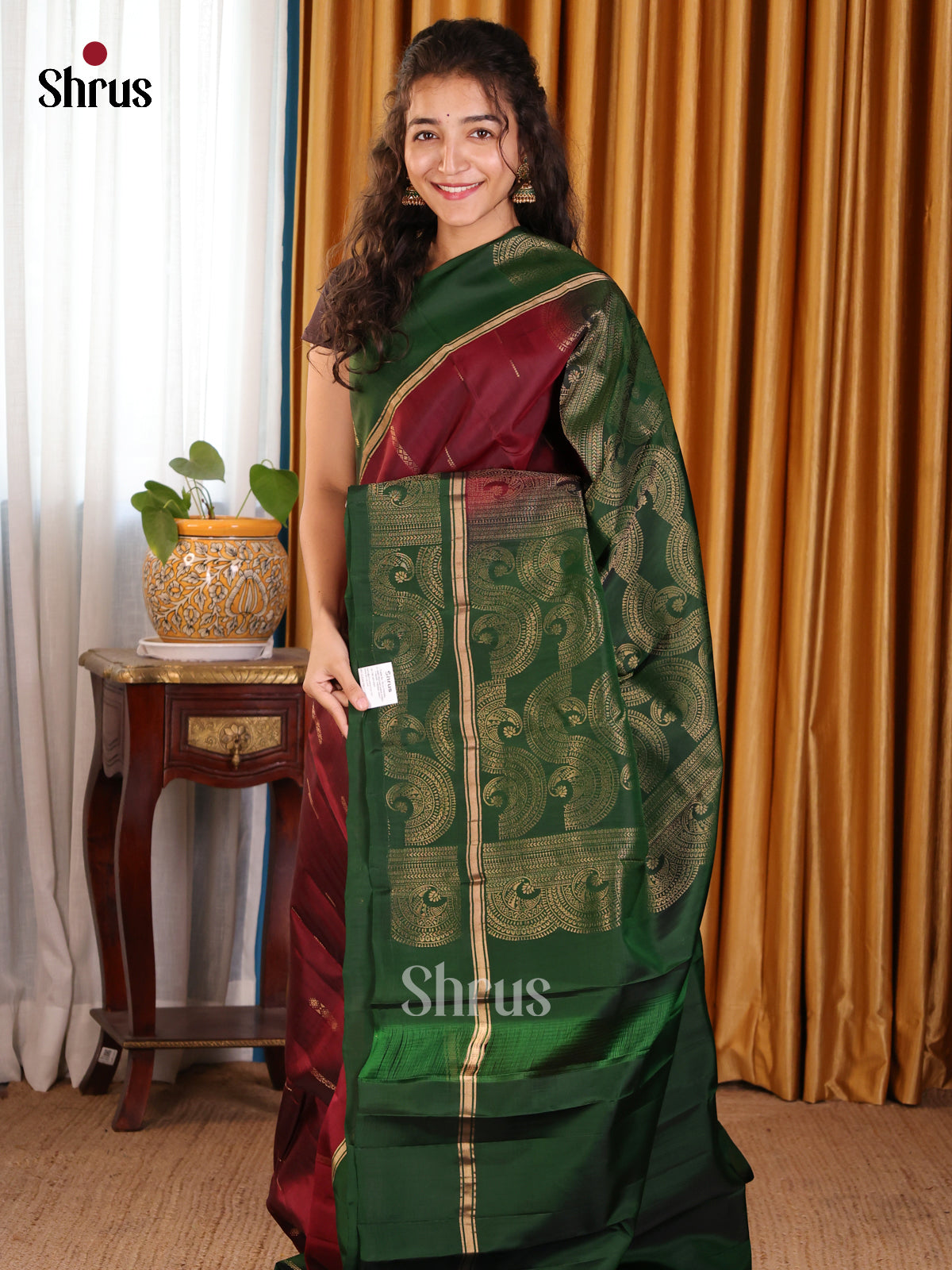 Classic Maroon Softsilk-halfpure Saree with zari woven stripes buttas & Green Border - Shop on Shrus.com
