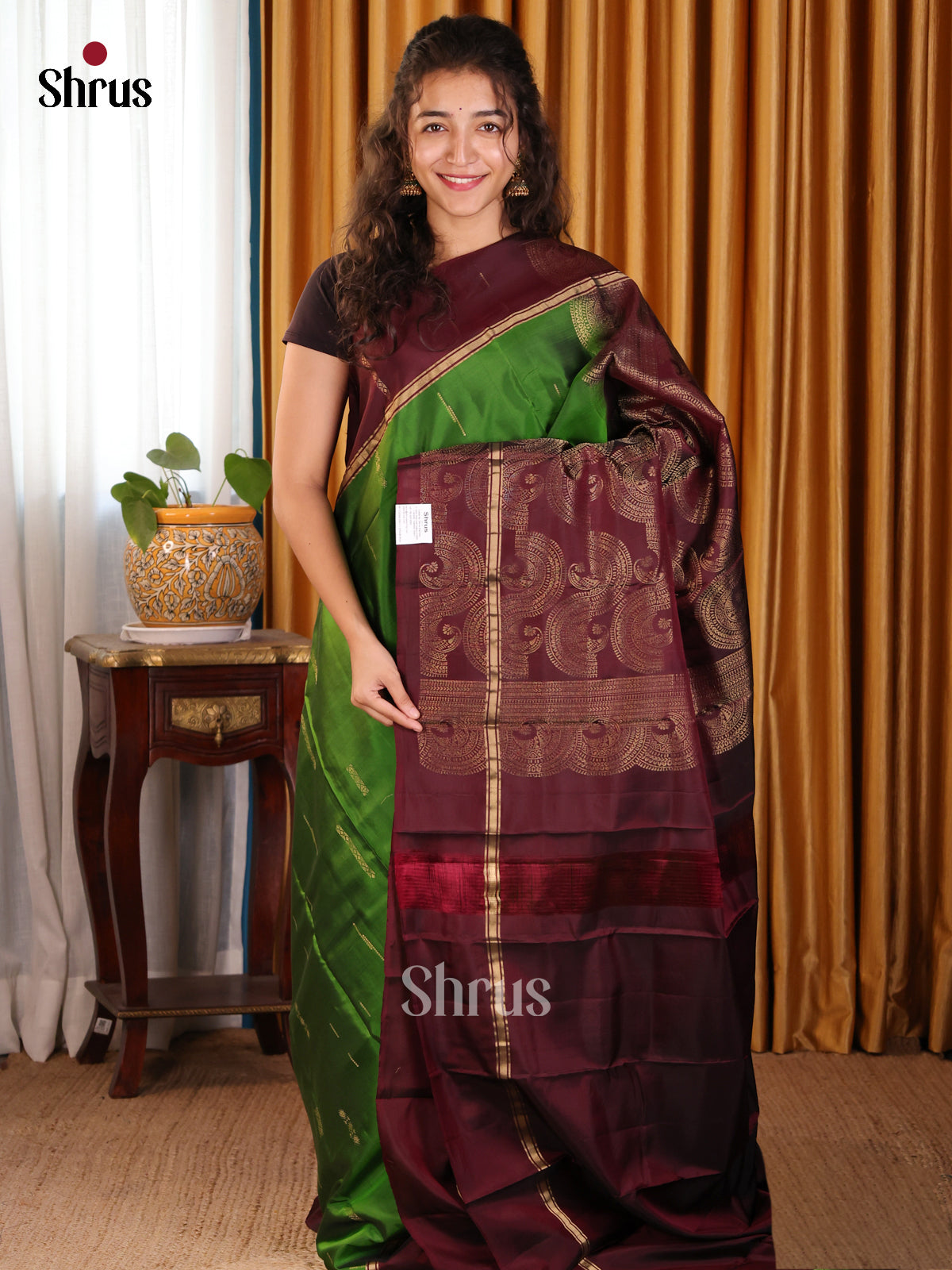 Pretty Parrot Green Softsilk-halfpure Saree with stripe buttas & Brocade pallu - Shop on Shrus.com