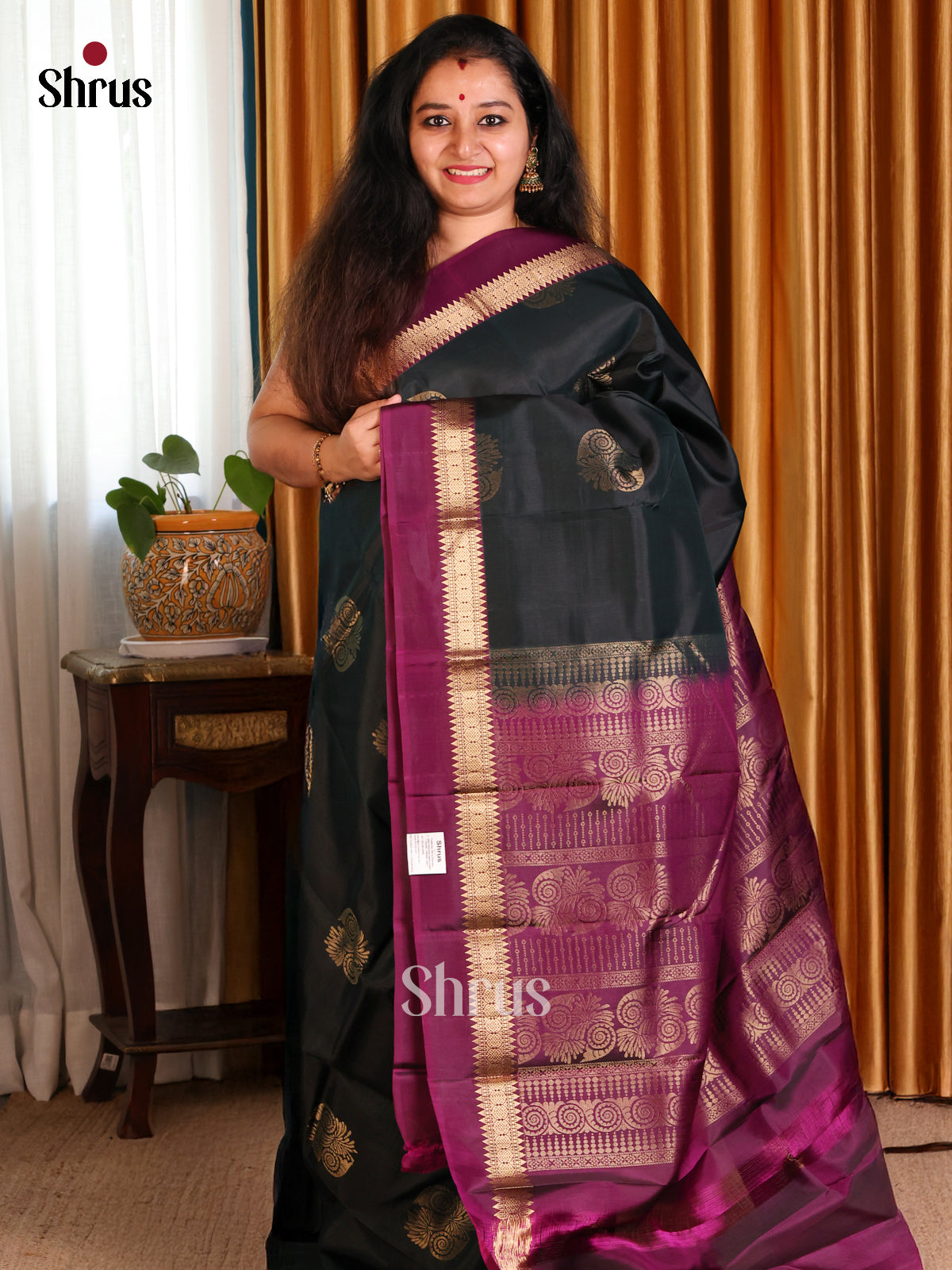 Exquisite Black Softsilk-halfpure Saree with paisley motifs , Maroon border - Shop on Shrus.com