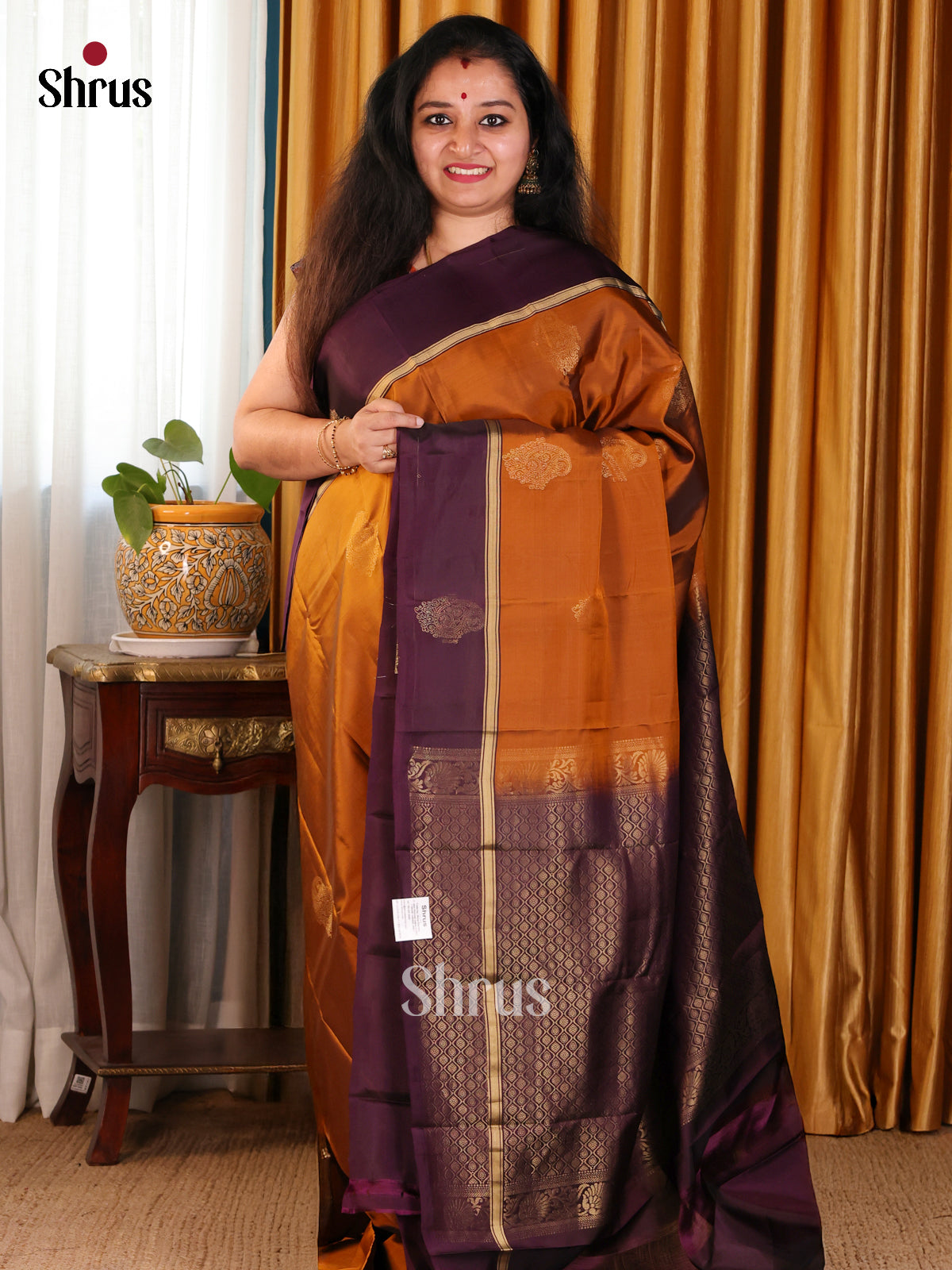 Radiant Dark Mustard Softsilk-halfpure Saree with gold zari floral motifs & brocade pallu - Shop on Shrus.com