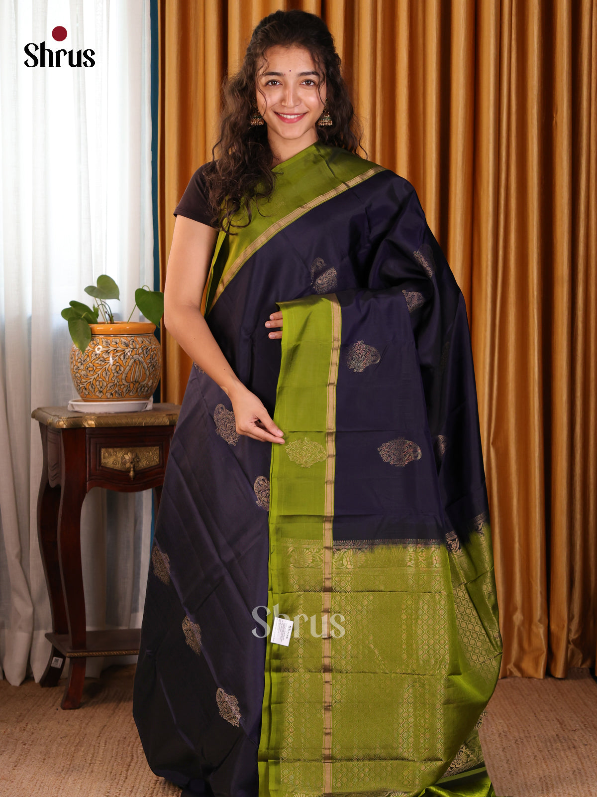 Vibrant Blue Softsilk-halfpure Saree with gold zari pailsey motifs & Green border - Shop on Shrus.com