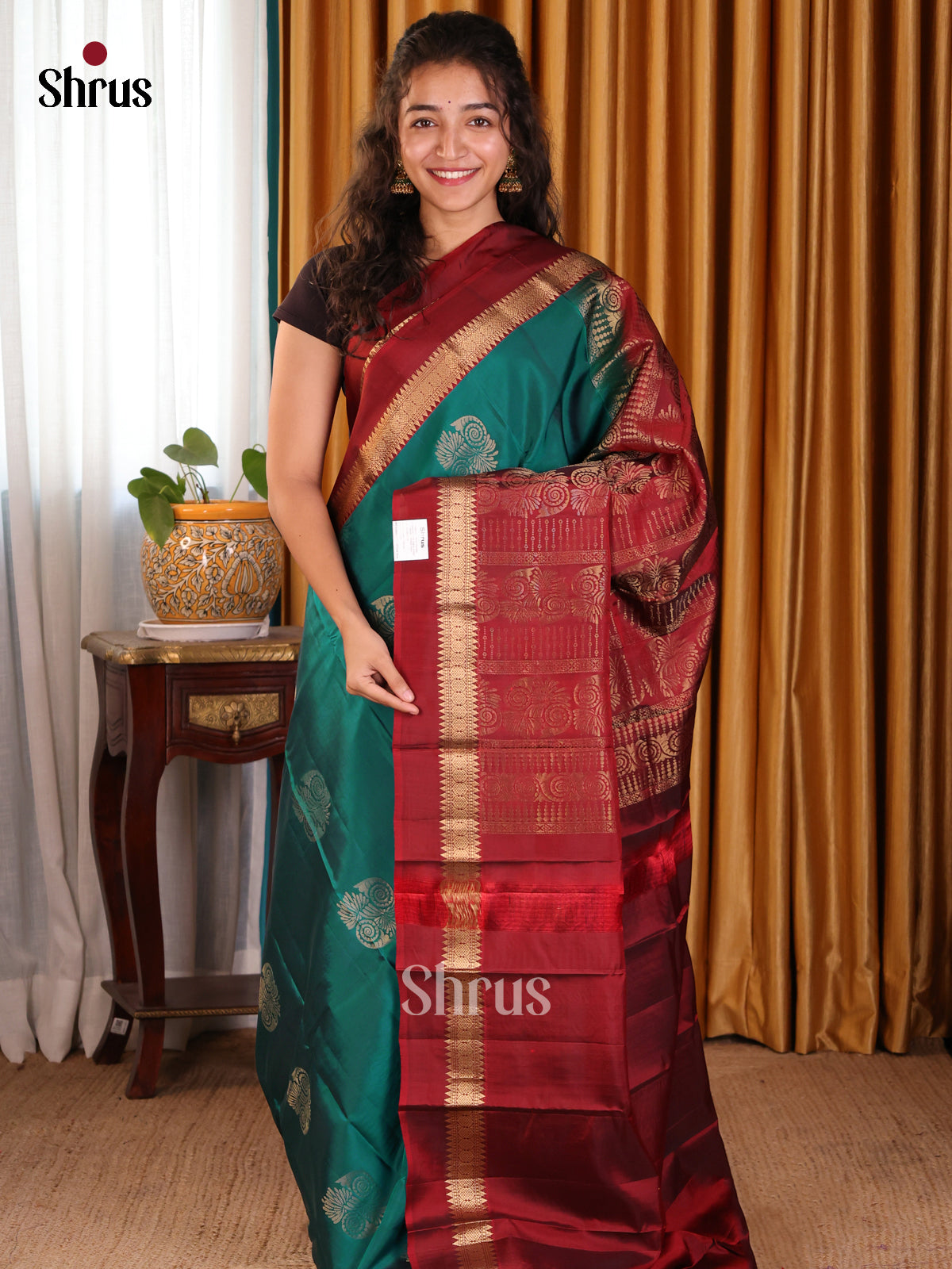 Serene Green Softsilk-halfpure Saree with gold zari motifs & maroon brocade pallu - Shop on Shrus.com