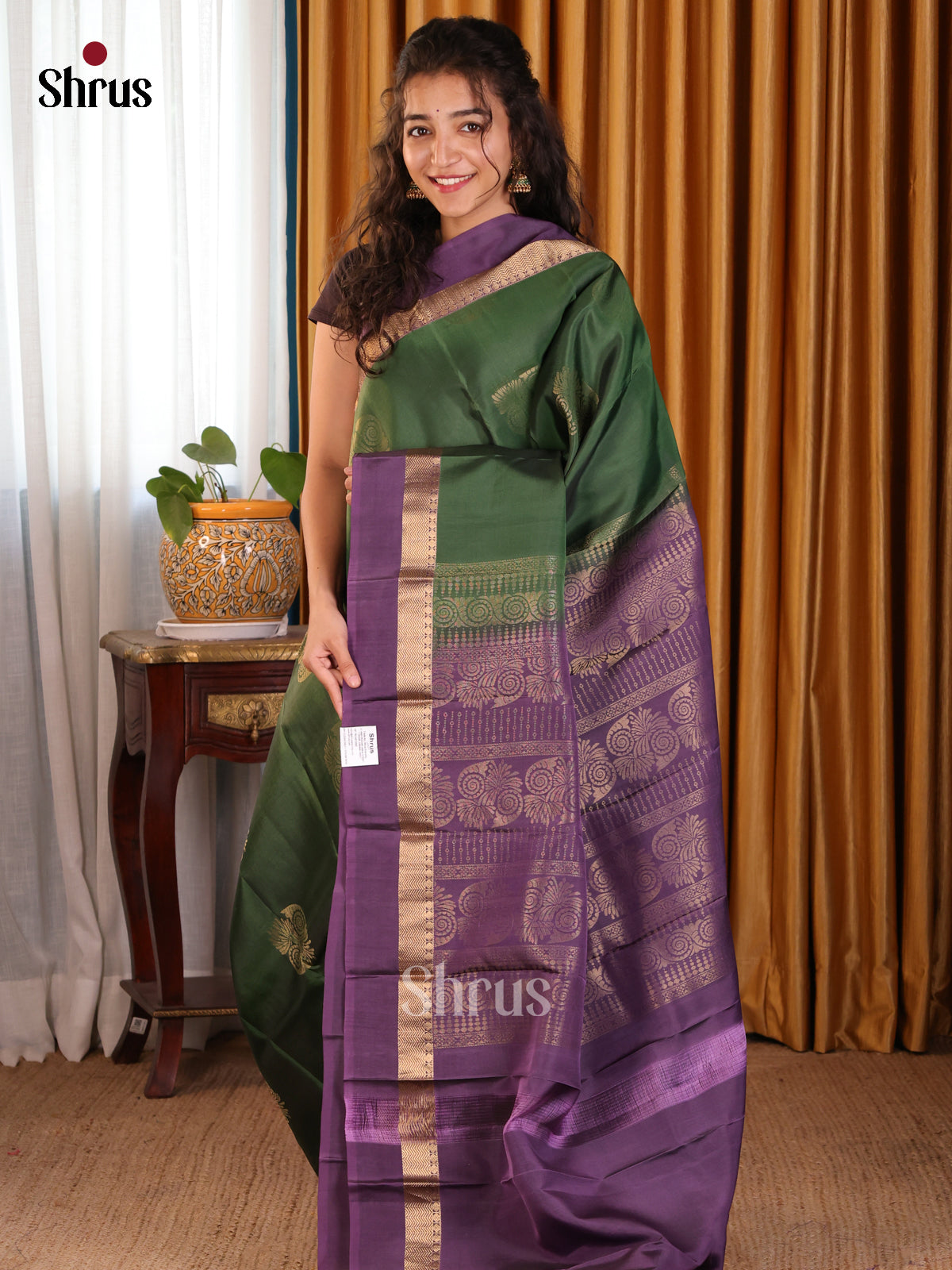 Green & Lavender Softsilk-halfpure Saree with zari woven motifs & Brocade Pallu - Shop on Shrus.com