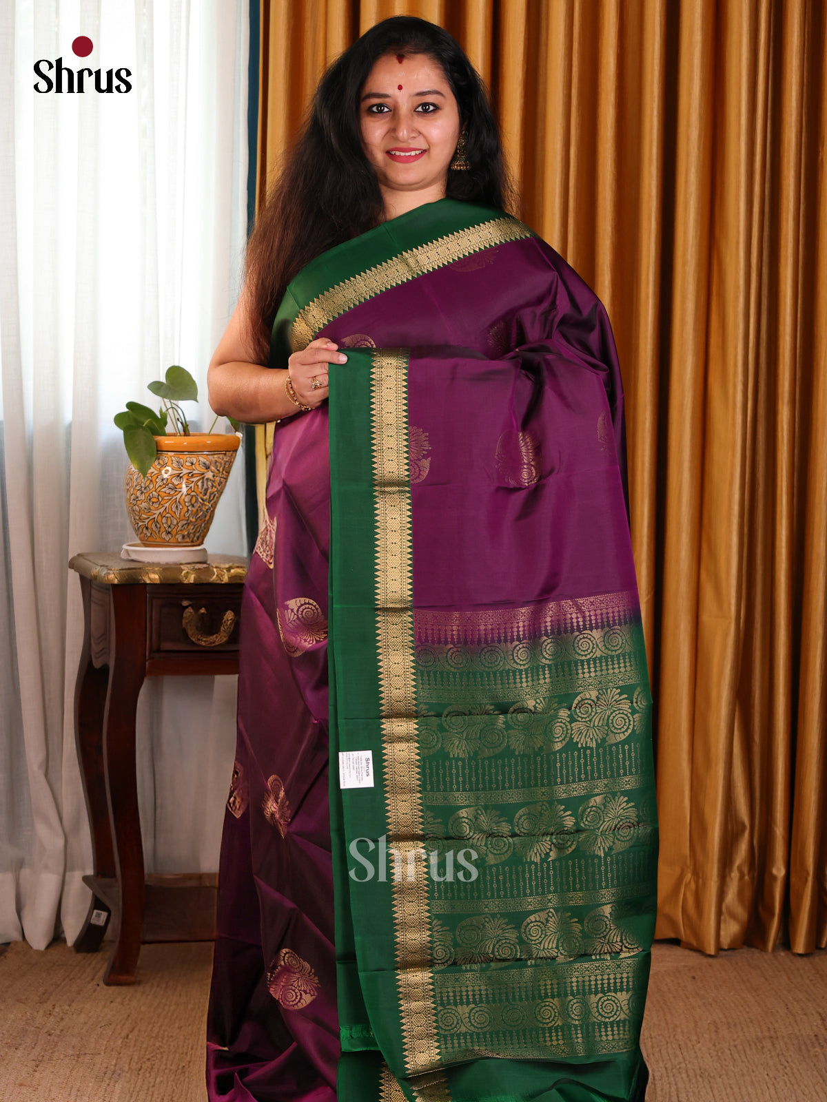 Graceful Purple Softsilk-halfpure Saree with gold zari motifs , green brocade pallu - Shop on Shrus.com