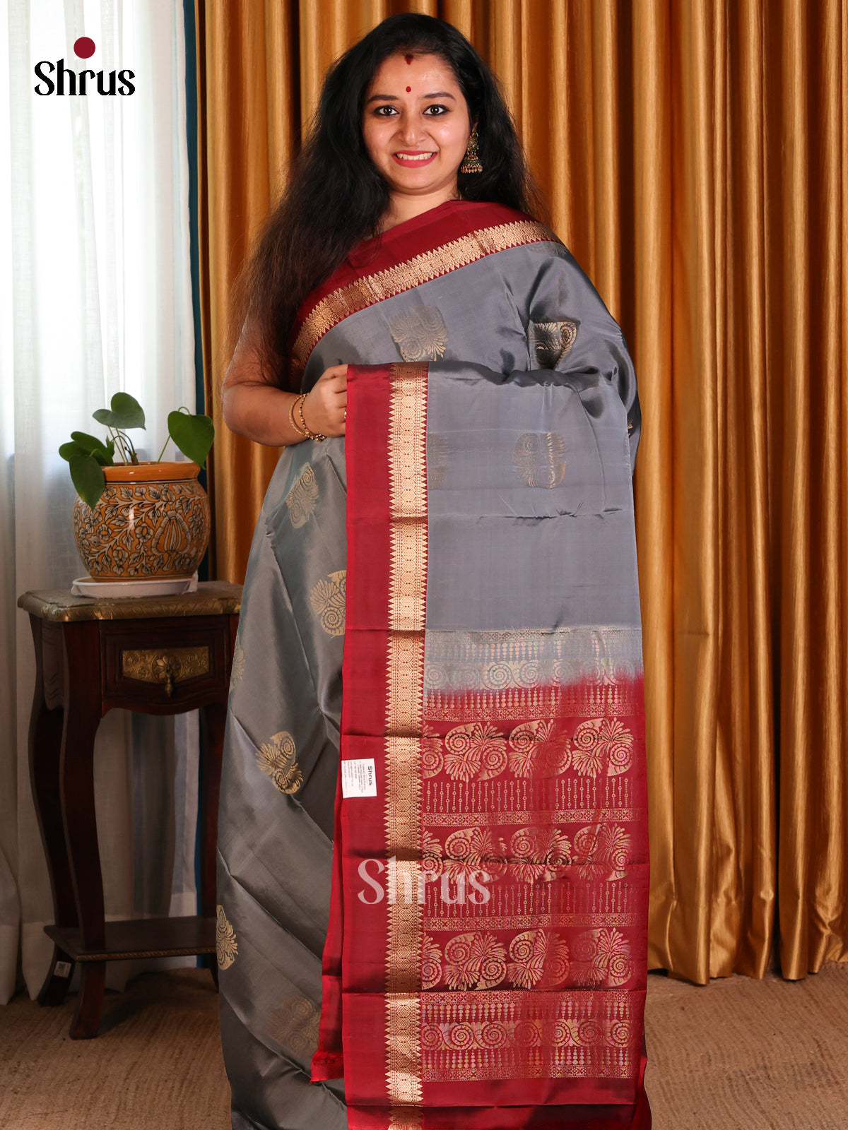 Lustrous Grey Softsilk-halfpure Saree with golden motifs , contrast zari border - Shop on Shrus.com