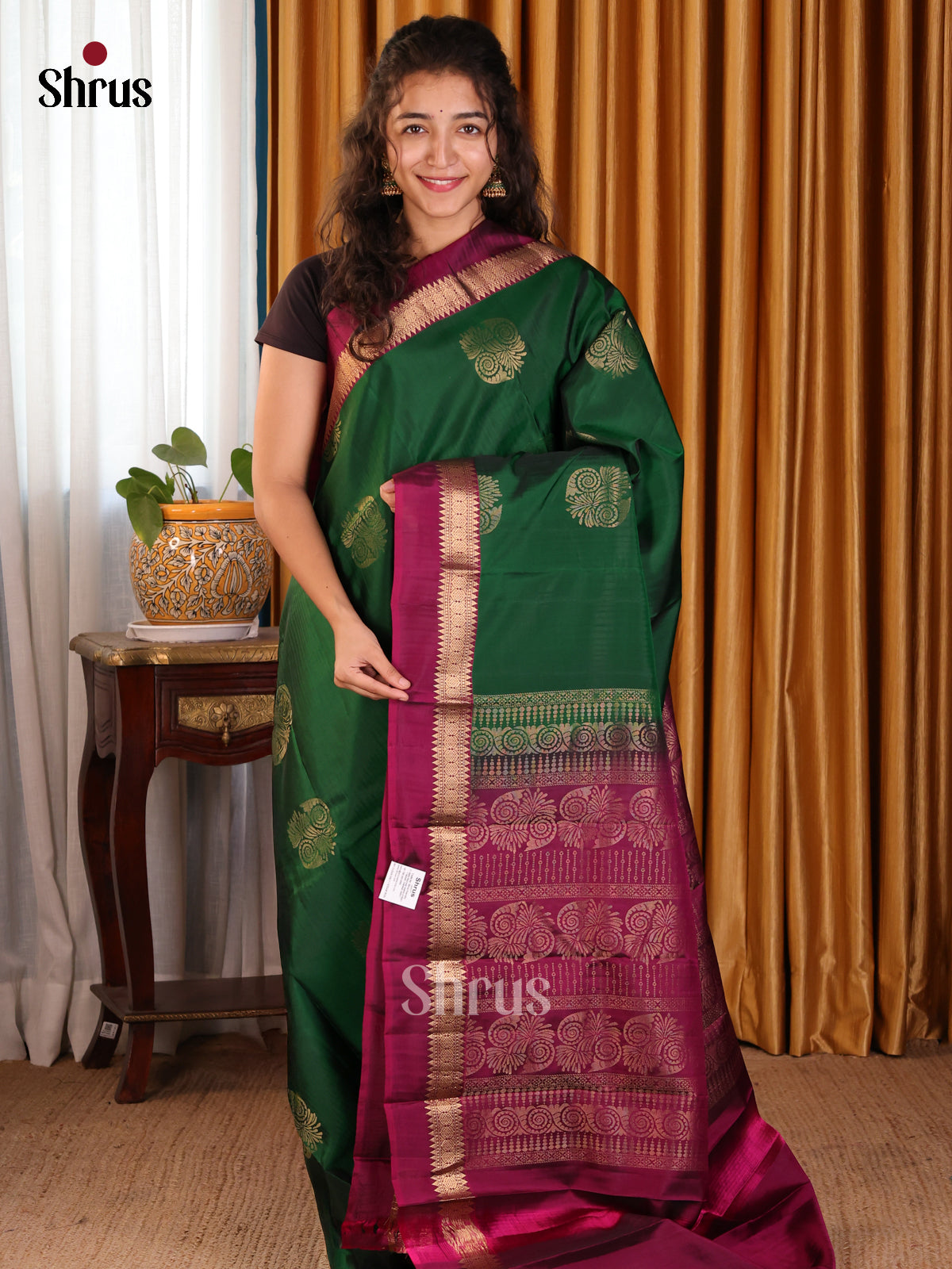 Classy Green Softsilk-halfpure Saree with golden floral motifs ,wine brocade pallu - Shop on Shrus.com
