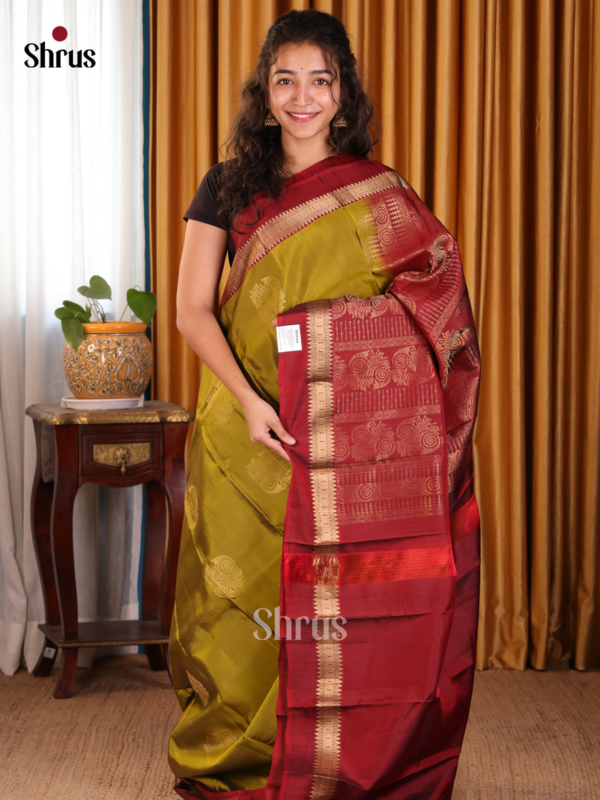 Elegant Green Softsilk-halfpure Saree with gold zari buttas , maroon brocade pallu - Shop on Shrus.com