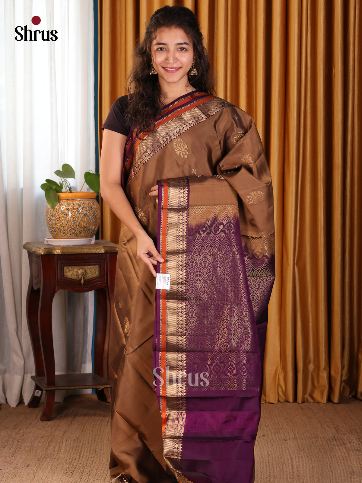 Glimmering Brown Softsilk-halfpure Saree with floral zari buttas , brocade pallu - Shop on Shrus.com
