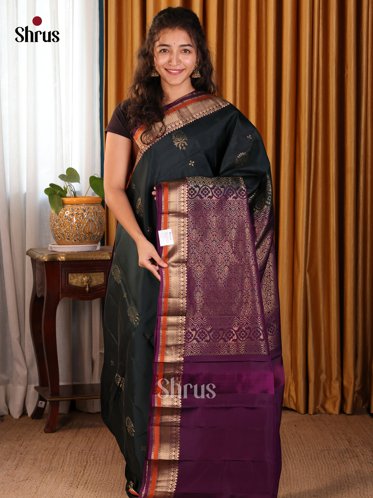 Beautiful Black Softsilk-halfpure Saree with gold zari buttas,violet zari brocade - Shop on Shrus.com