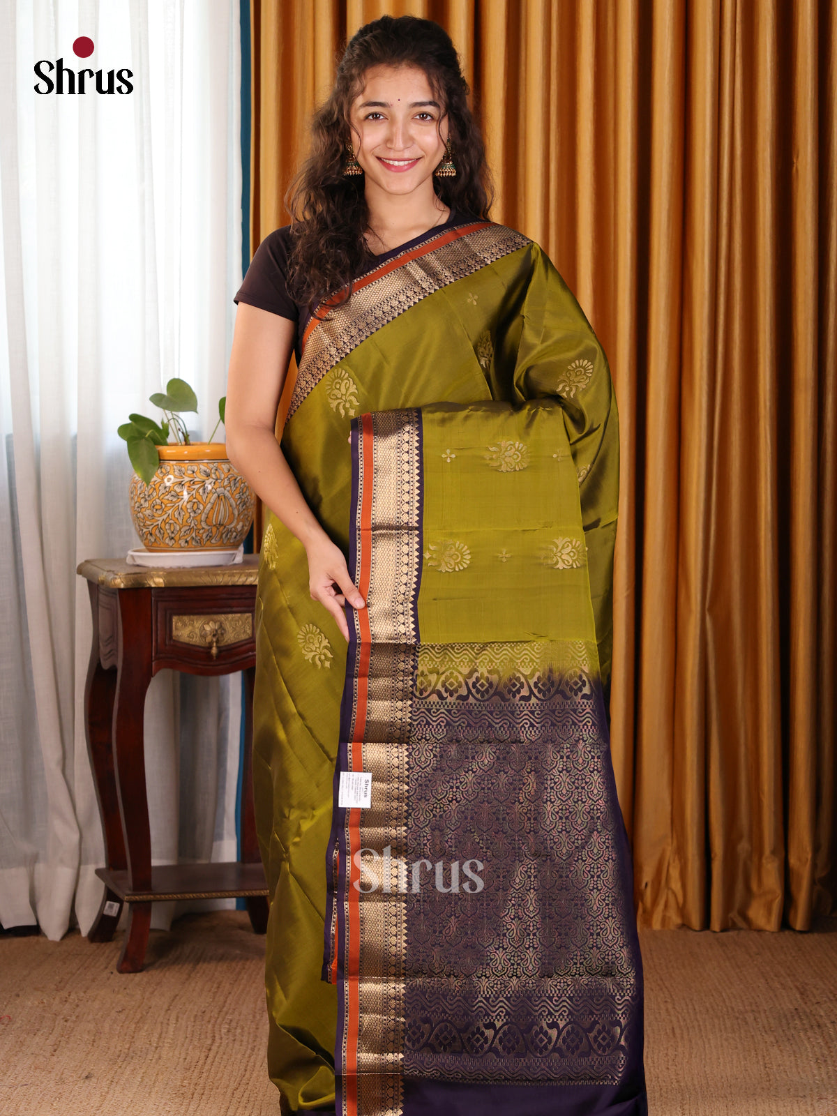 Subtle Mehandi Green Softsilk-halfpure Saree with zari floral buttas,blue brocade pallu - Shop on Shrus.com