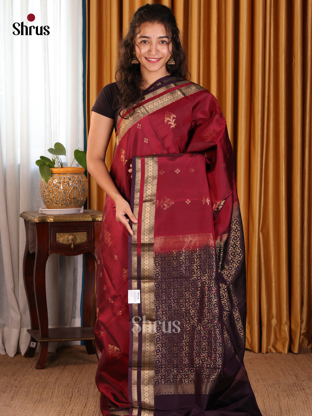 Traditional Maroon Softsilk-halfpure Saree with gold zari buttas ,chakra buttas border - Shop on Shrus.com