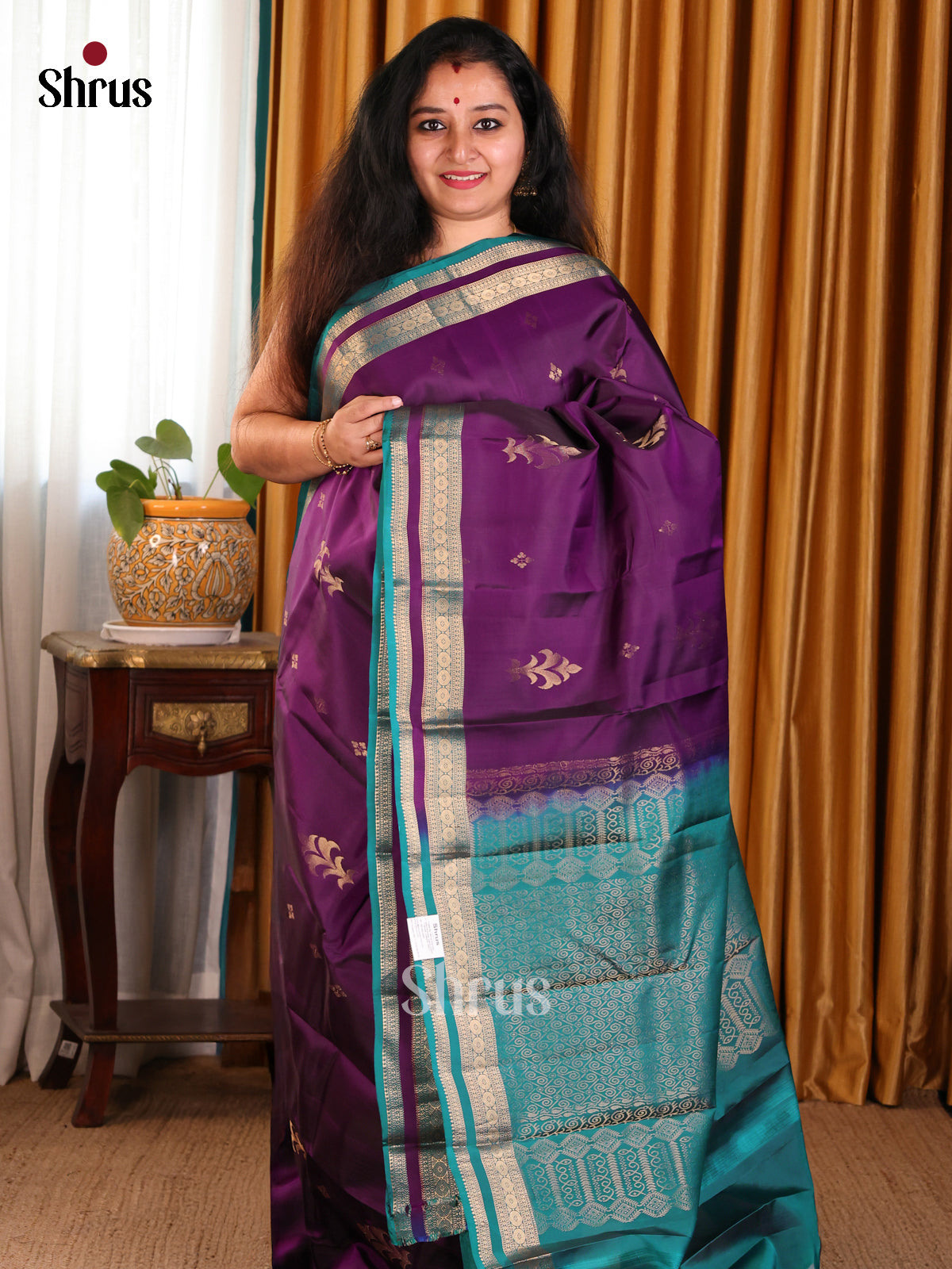 Classy Violet Softsilk-halfpure Saree gold zari floral buttas ,teal brocade pallu - Shop on Shrus.com