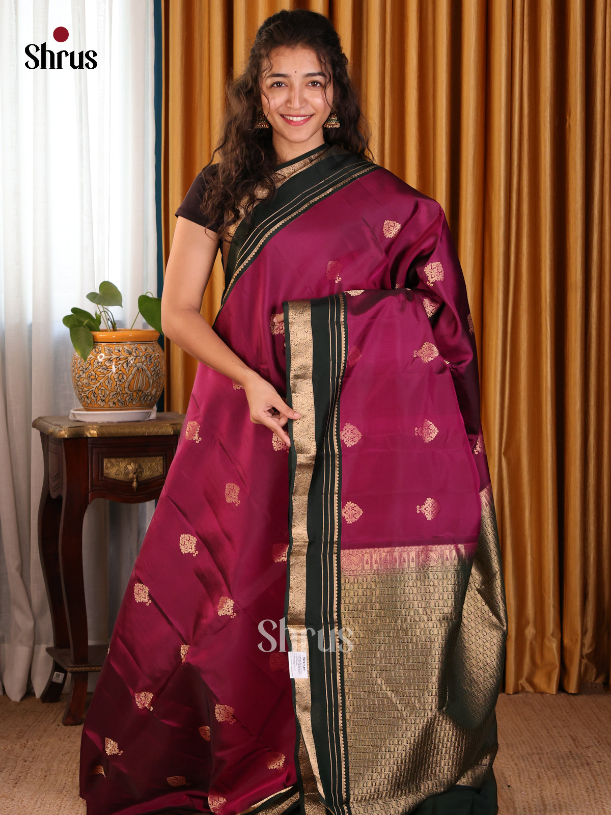 Pretty Maroon Softsilk-halfpure Saree with zari floral buttas ,floral vines border - Shop on Shrus.com