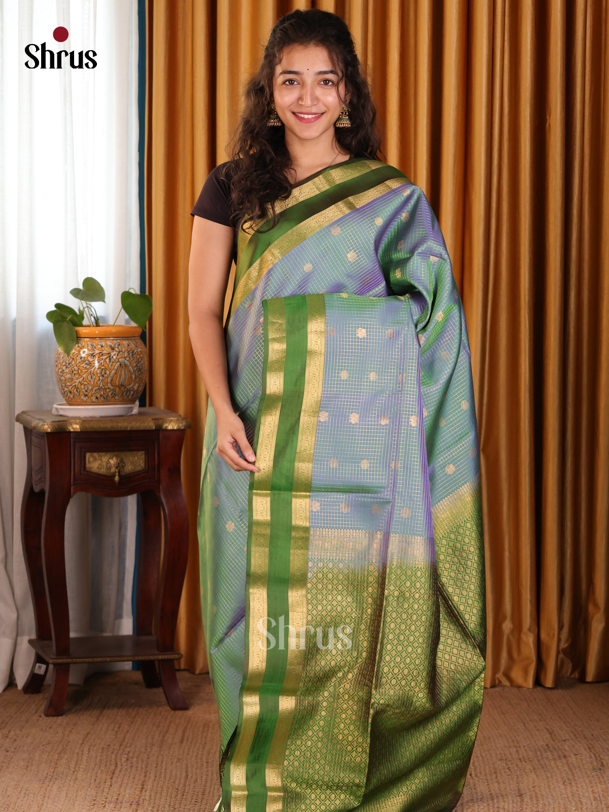 Unique Double Shaded Bluish Green Softsilk Saree with vaira oosi checks, buttas, rettaipet border - Shop on Shrus.com