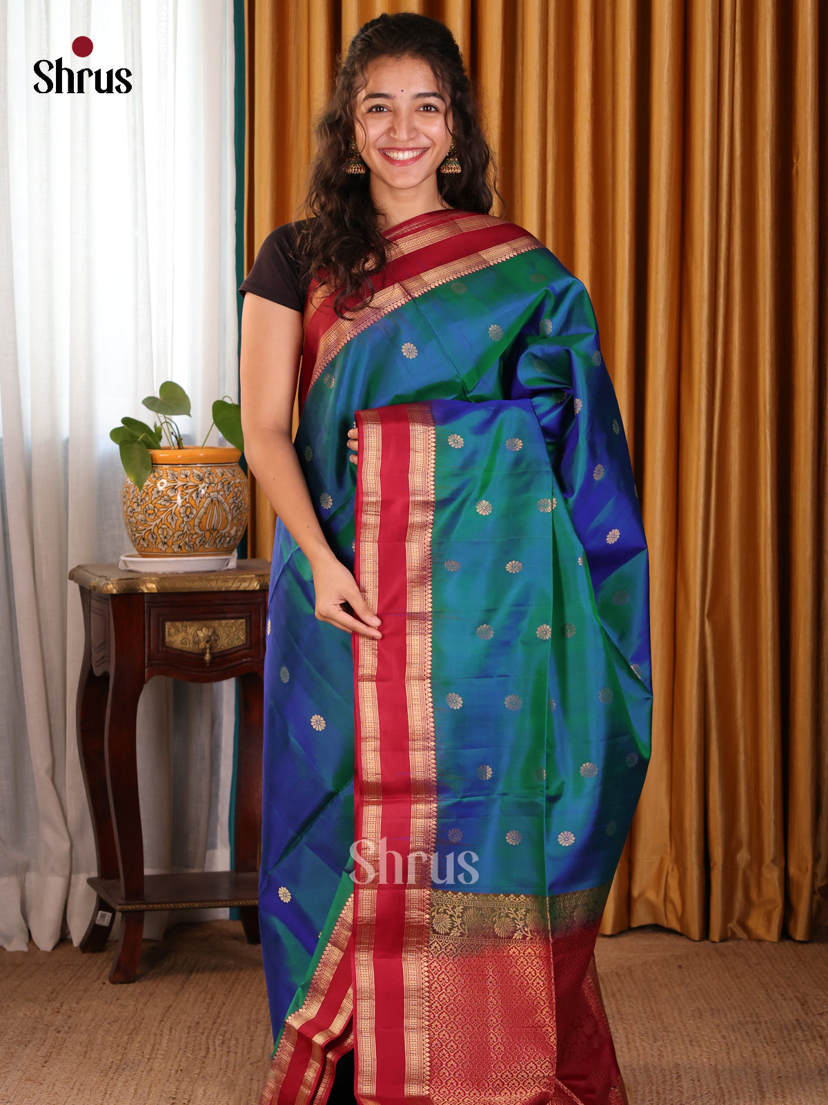 Shimmery Peacock Green Softsilk Saree with gold zari buttas ,maroon zari brocade pallu - Shop on Shrus.com