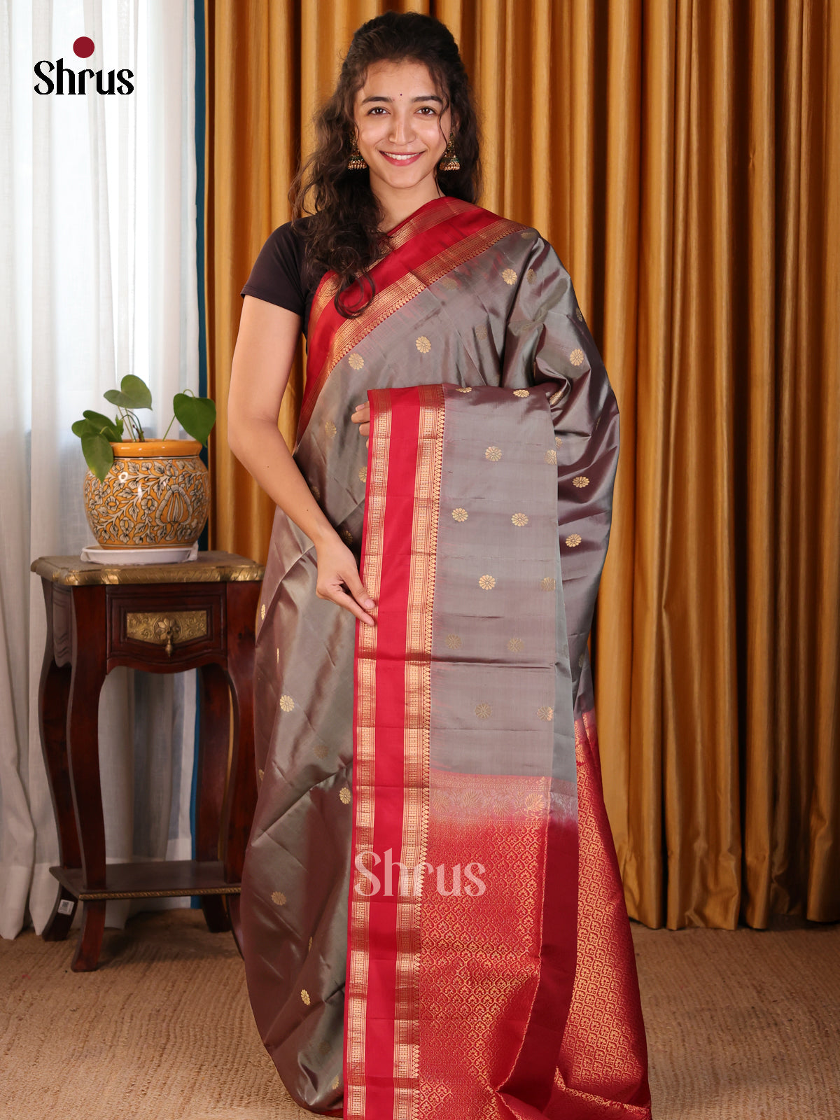 Beautiful Grey Softsilk Saree with zari woven buttas , rettaipet zari border - Shop on Shrus.com