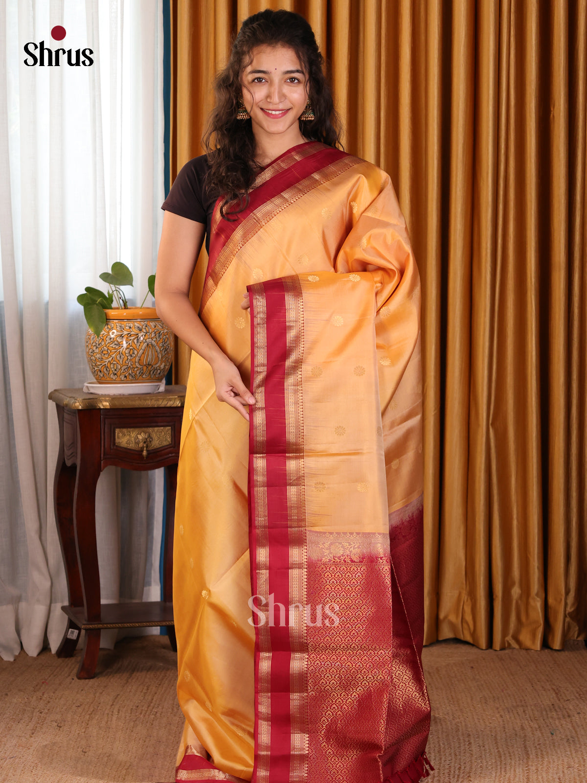 Stunning Peach Soft silk Saree with zari woven buttas & maroon rettapet border - Shop on Shrus.com
