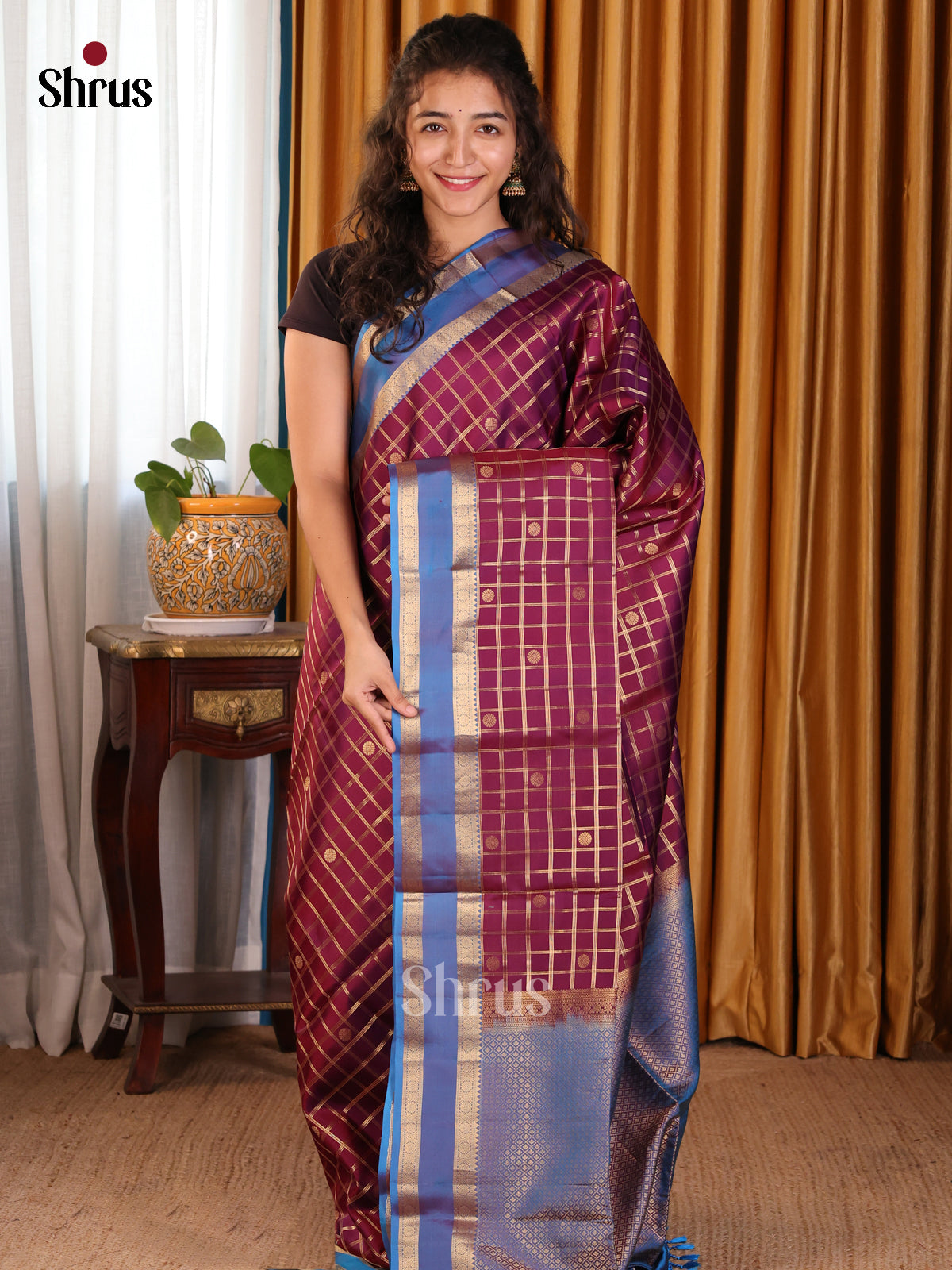 Sleek Maroon Softsilk Saree with zari checks, buttas , Rettaipet border - Shop on Shrus.com