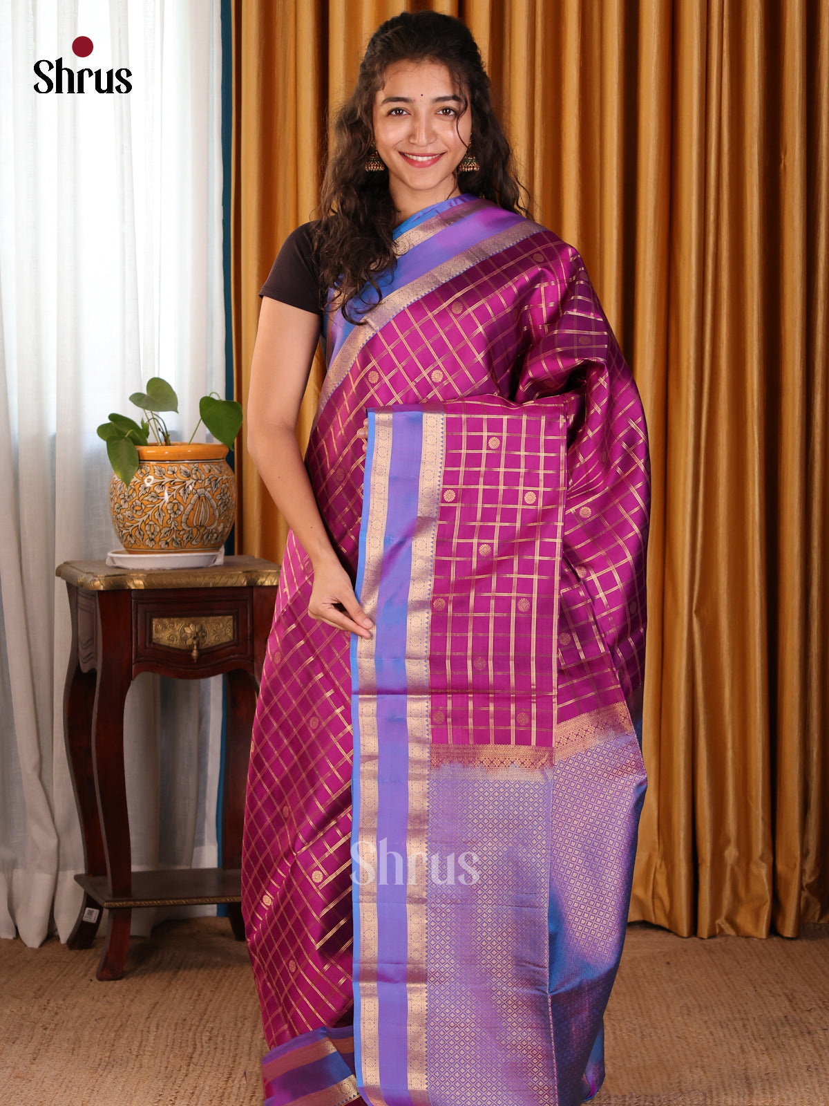Beautiful Majenta Soft silk Saree with zari checks, buttas & Purple Rettaipet Border - Shop on Shrus.com
