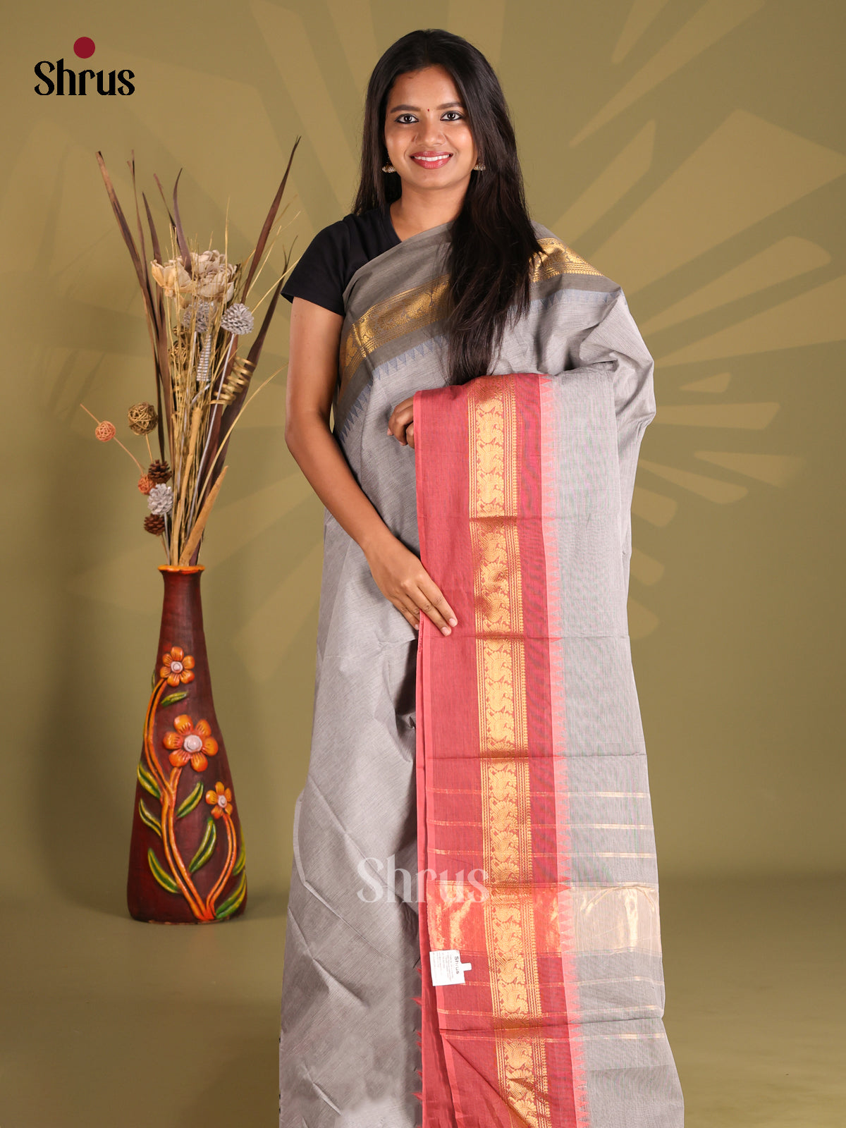 Grey & Red - Chettinad Cotton Saree - Shop on Shrus.com