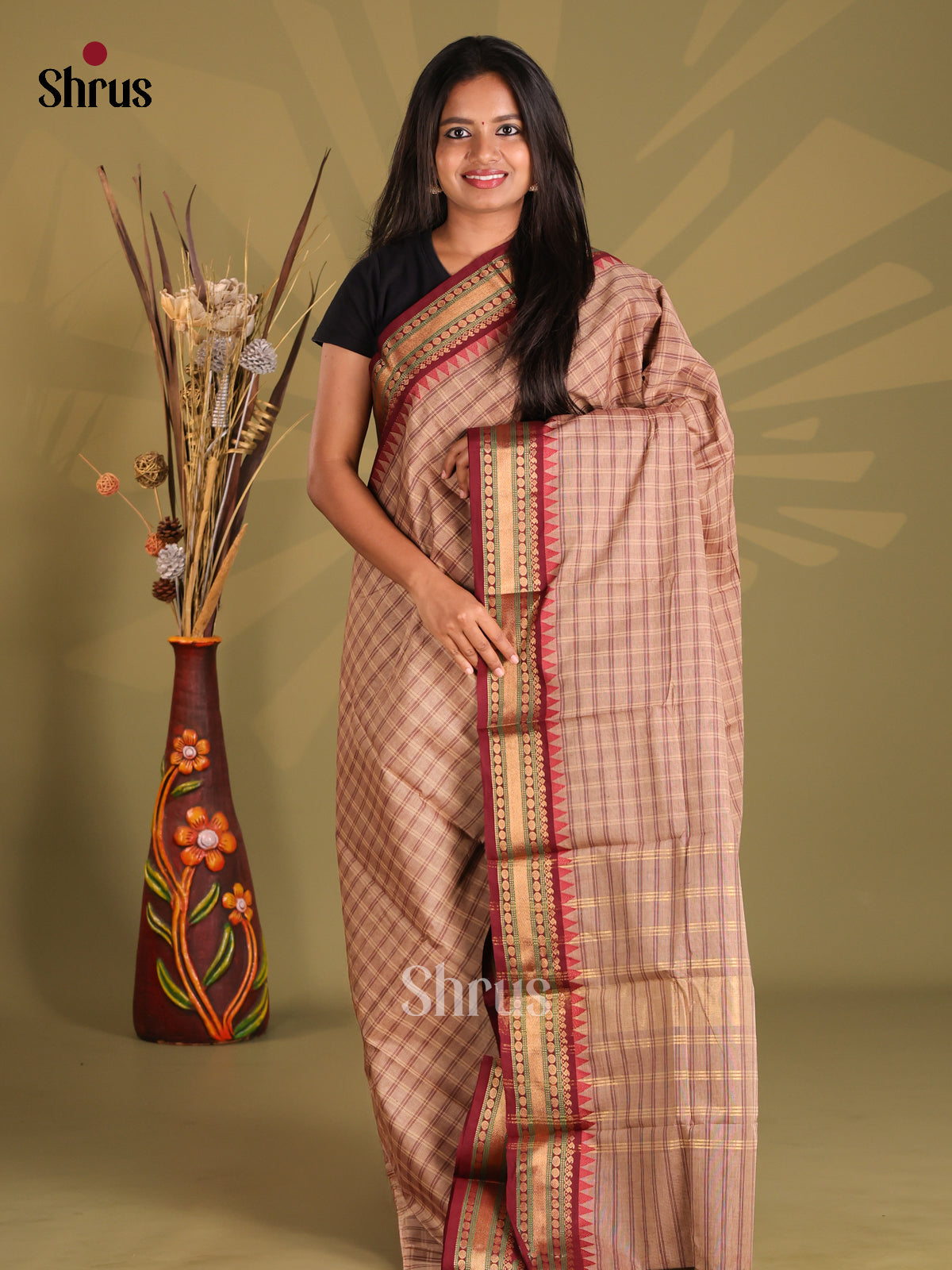 Dusty Brown & Maroon - Chettinad Cotton Saree - Shop on Shrus.com