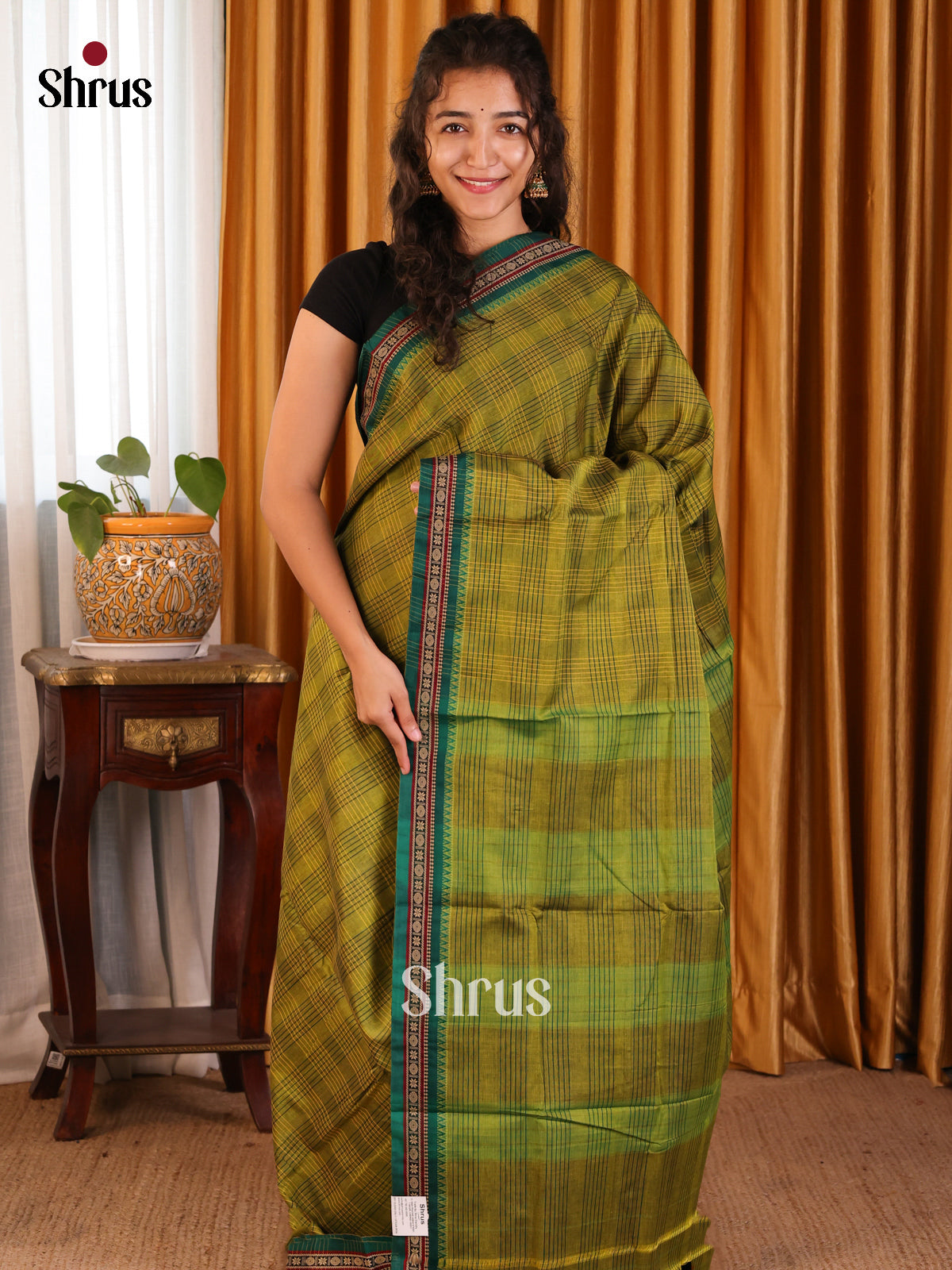 Mehandi green & Green- Narayanpet Cotton Saree - Shop on Shrus.com
