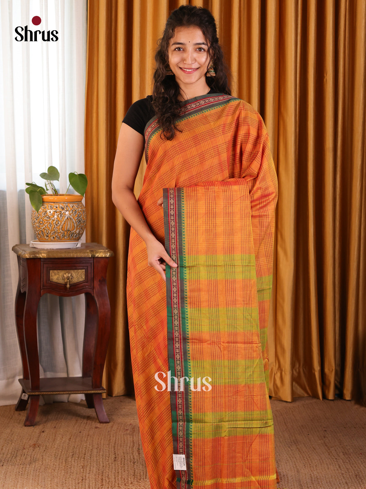 Orange with Green - Narayanpet Cotton Saree - Shop on Shrus.com