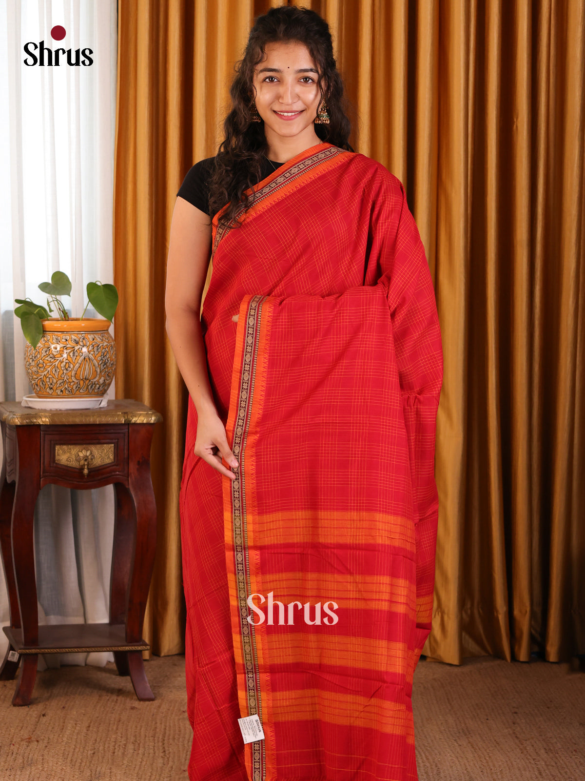 Red with Orange - Narayanpet Cotton Saree - Shop on Shrus.com