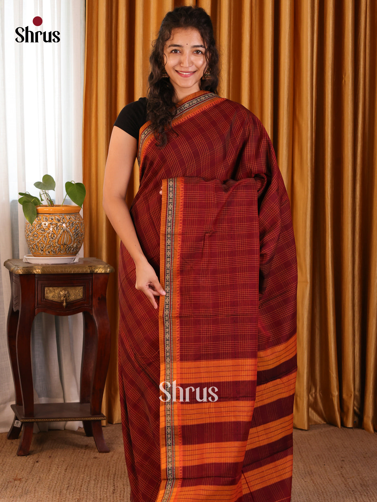 Maroon & Orange - Narayanpet Cotton Saree - Shop on Shrus.com