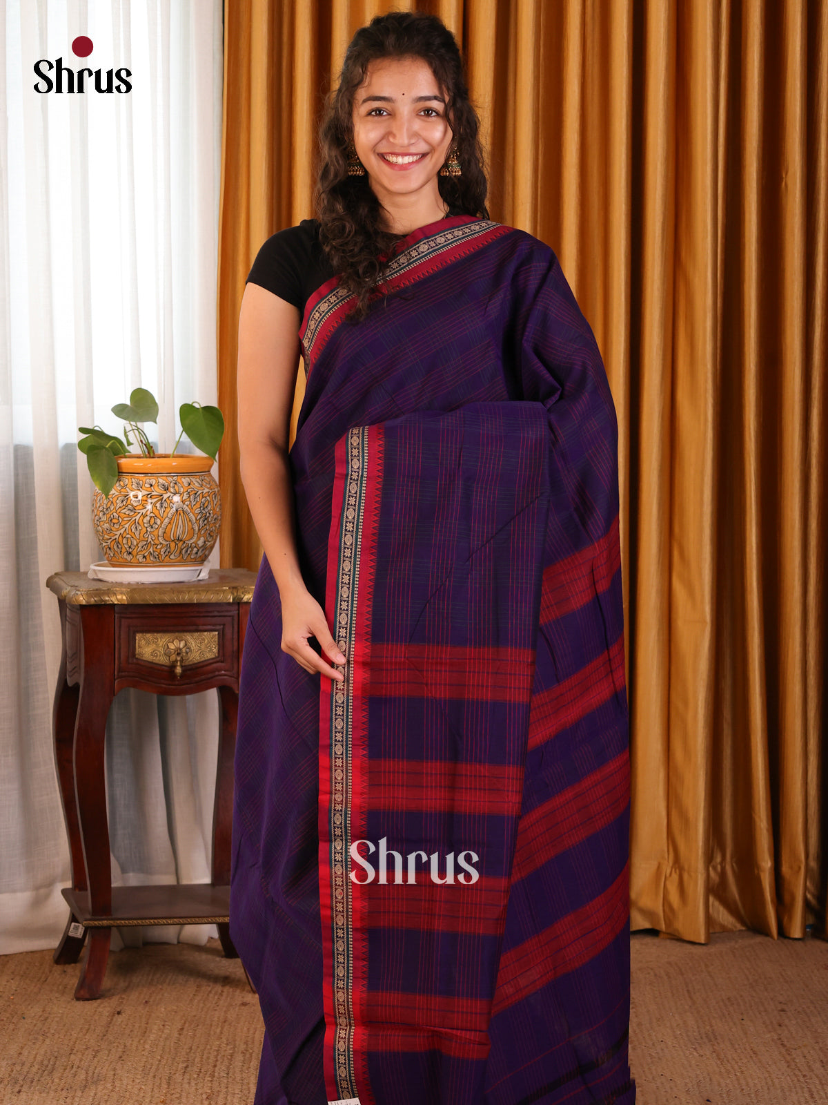 Blue with Red- Narayanpet Cotton Saree - Shop on Shrus.com