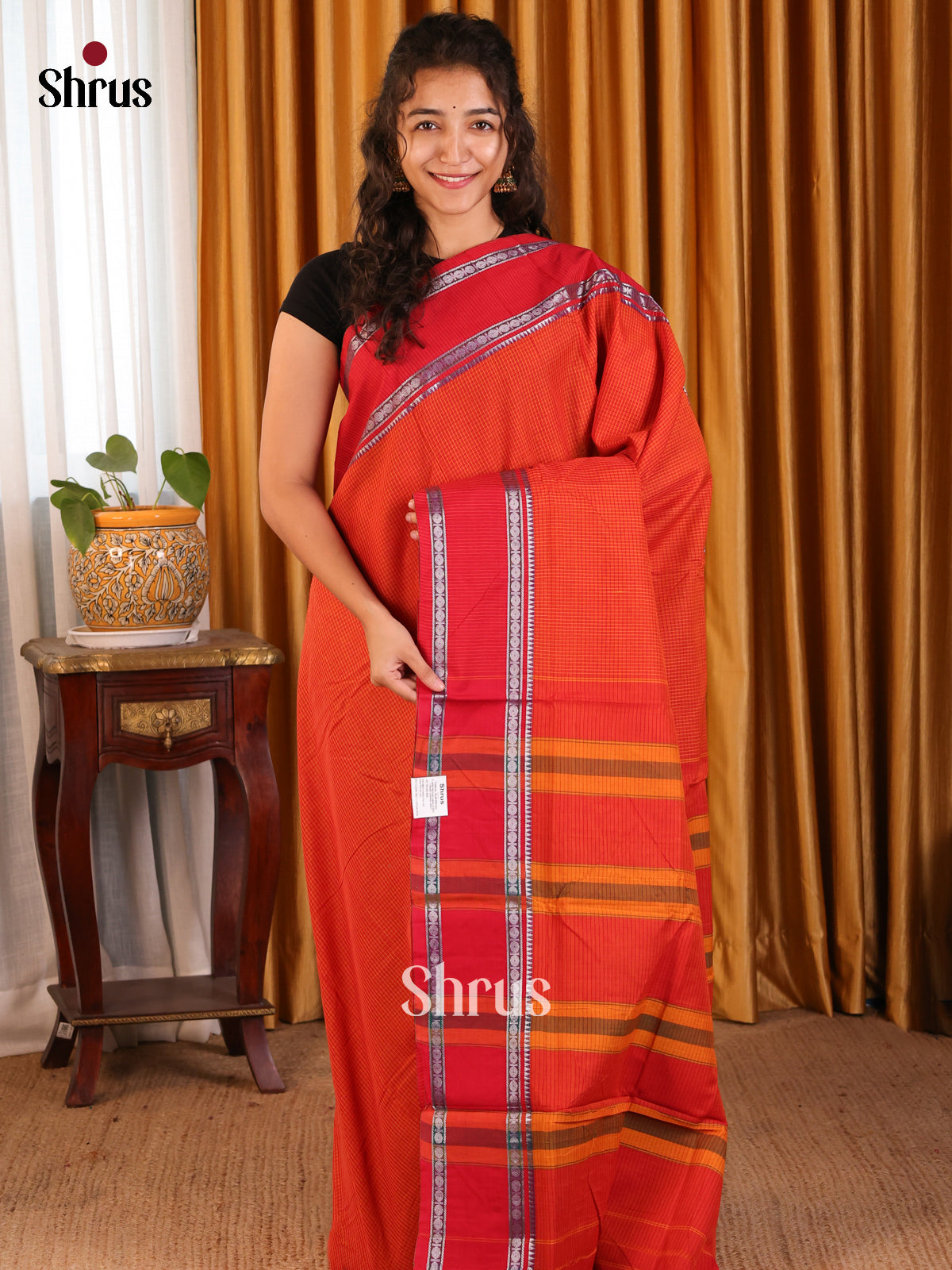Orange with Red- Narayanpet Cotton Saree - Shop on Shrus.com
