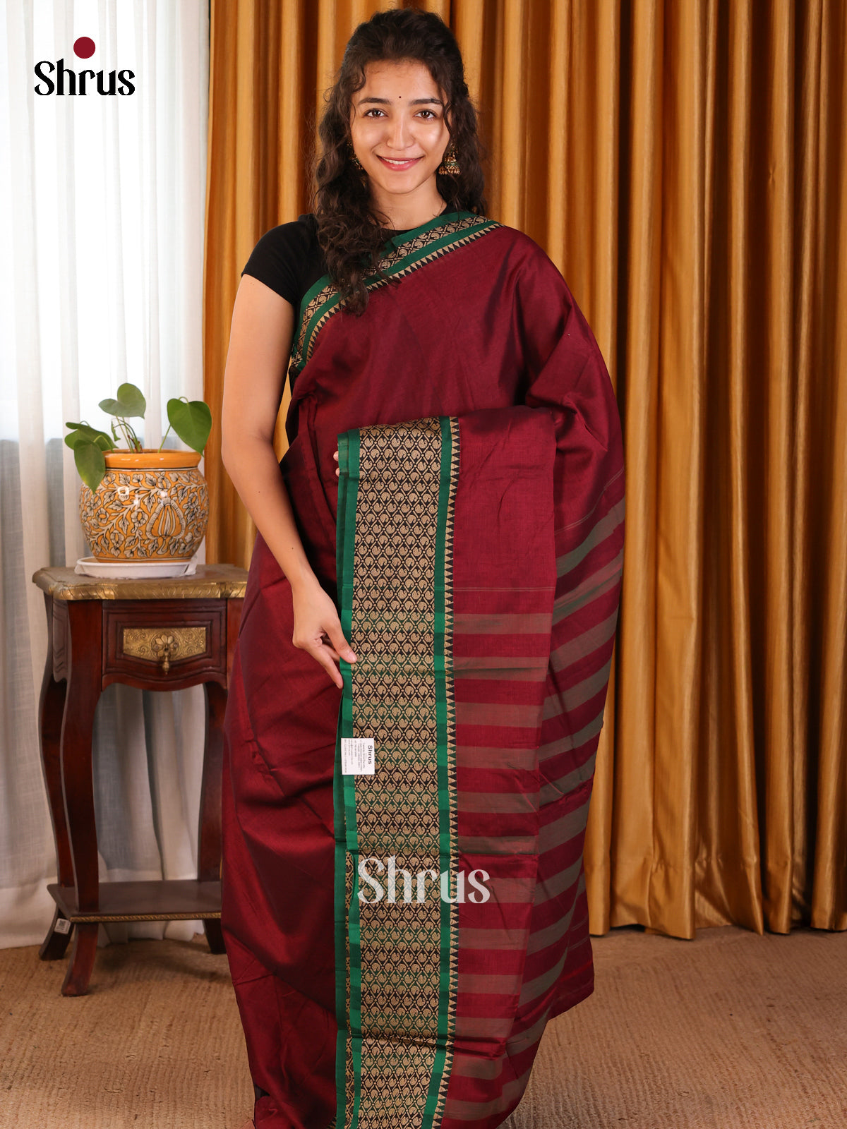 Maroon with Green - Narayanpet Cotton Saree - Shop on Shrus.com