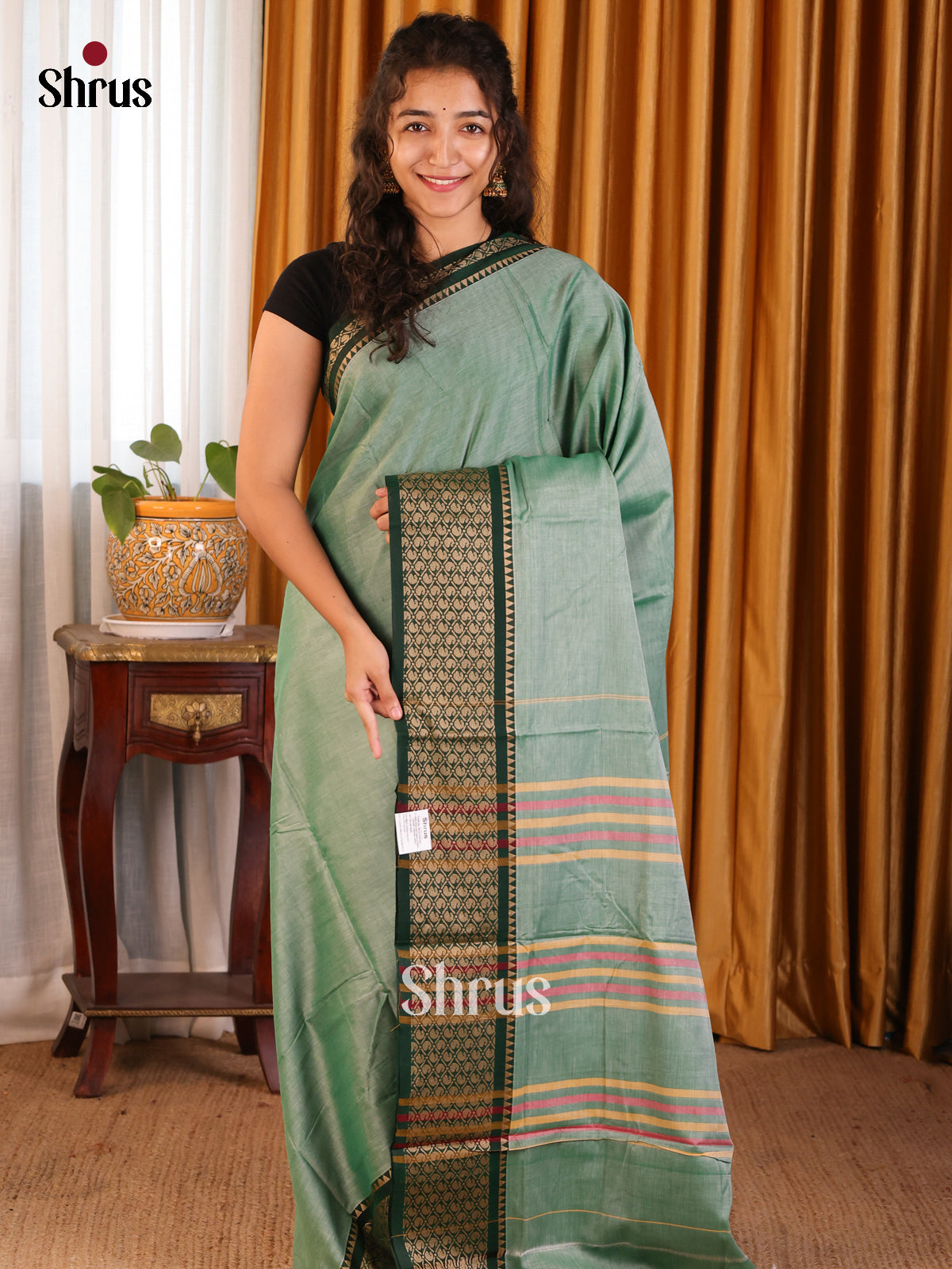 Pastel Green with Green - Narayanpet Cotton Saree - Shop on Shrus.com