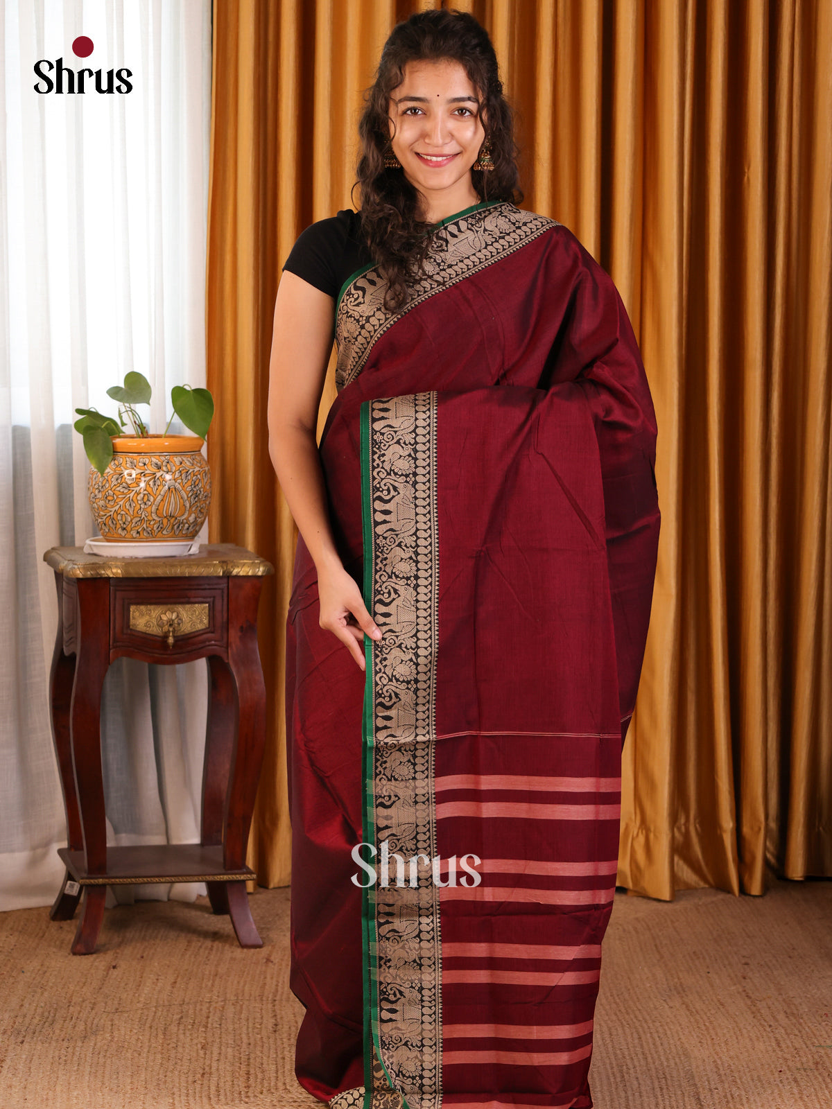 Maroon with Green - Narayanpet Cotton Saree - Shop on Shrus.com
