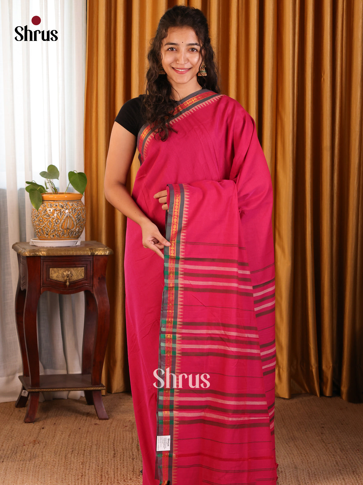 Pink with Green - Narayanpet Cotton Saree - Shop on Shrus.com