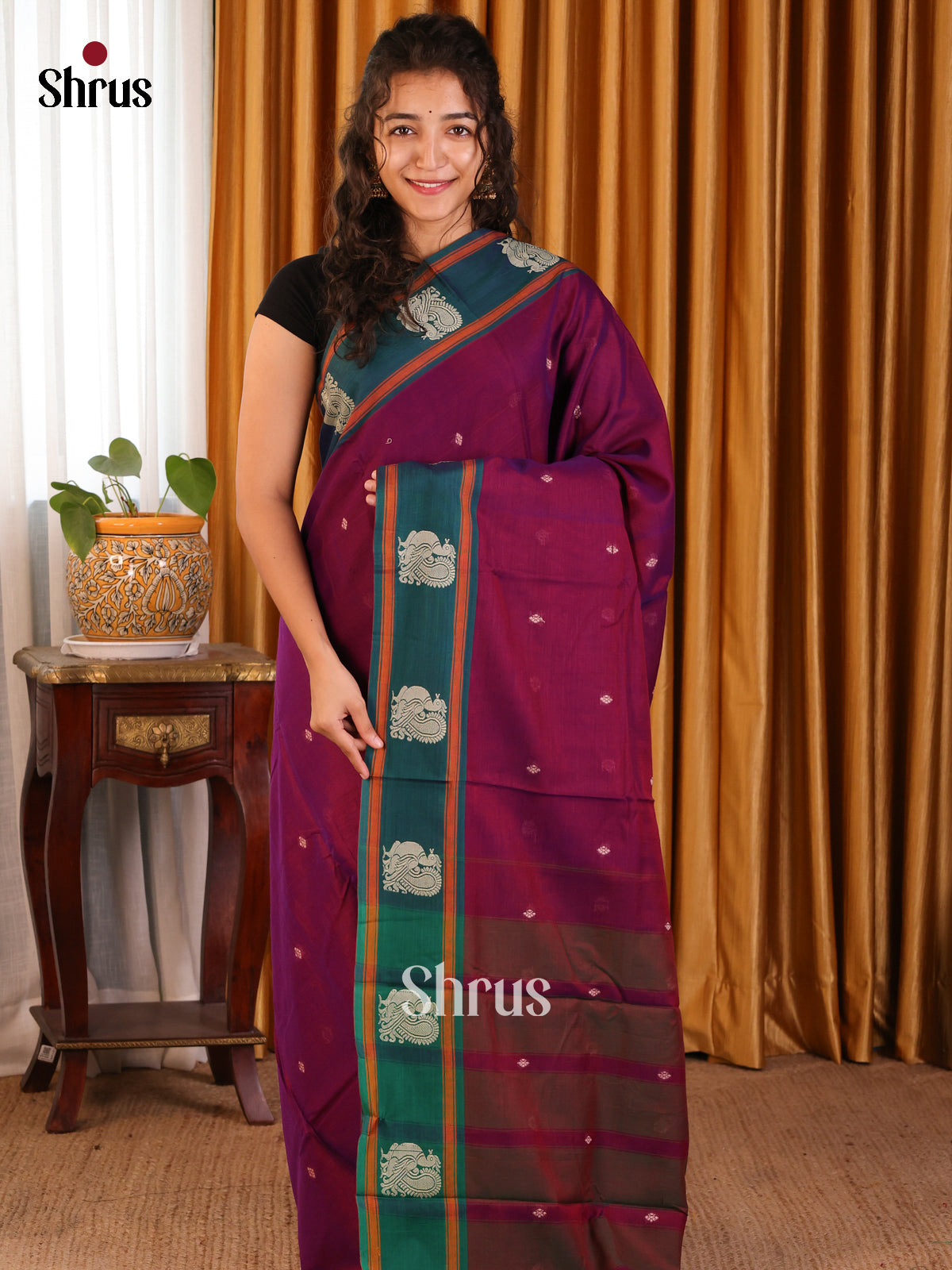 Wine & Green - Narayanpet Cotton Saree - Shop on Shrus.com