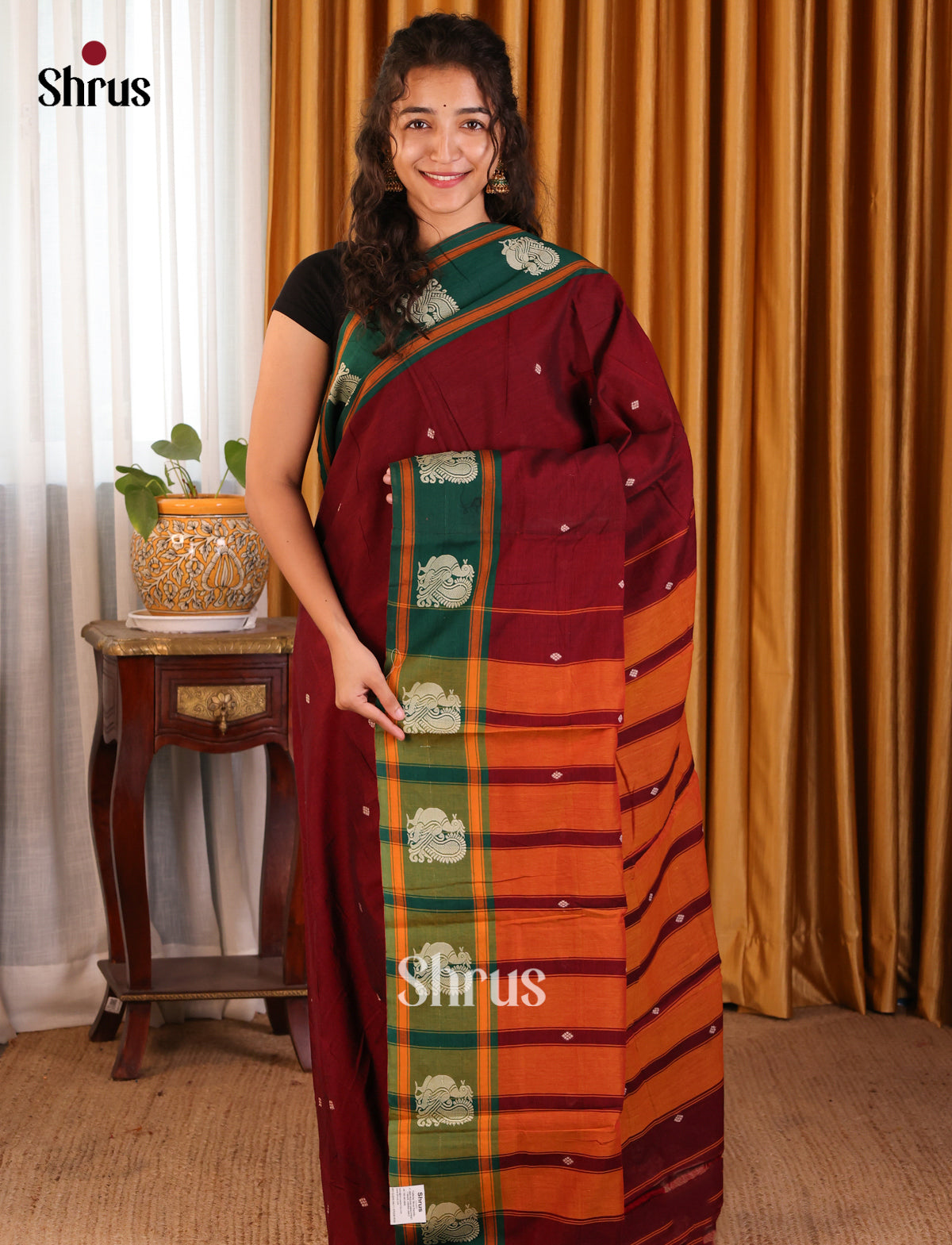 Maroon with Green - Narayanpet Cotton Saree - Shop on Shrus.com