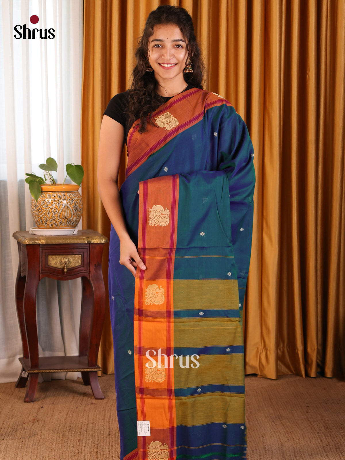 Blue with Orange- Narayanpet Cotton Saree - Shop on Shrus.com