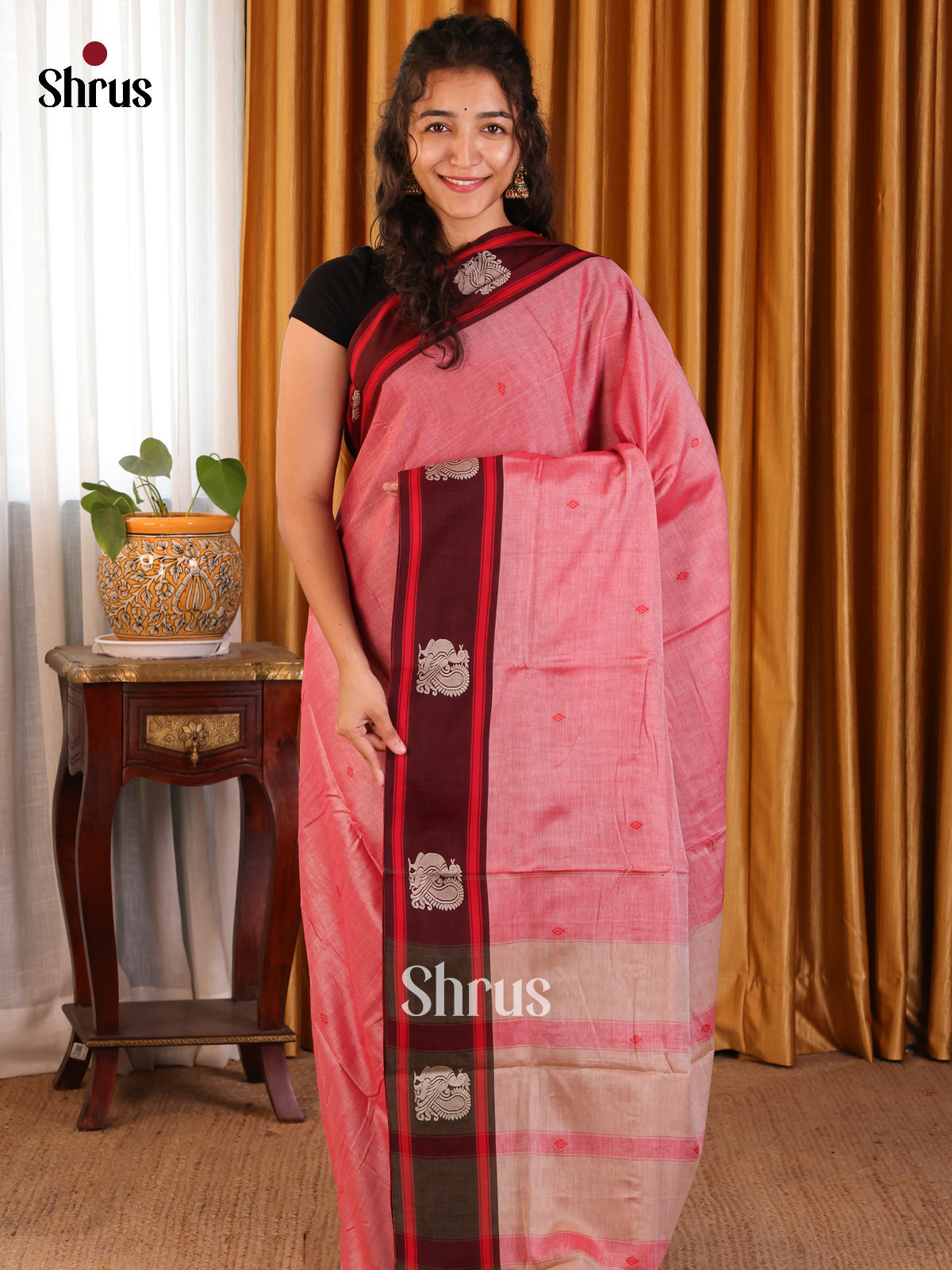 Pink with Maroon - Narayanpet Cotton Saree - Shop on Shrus.com